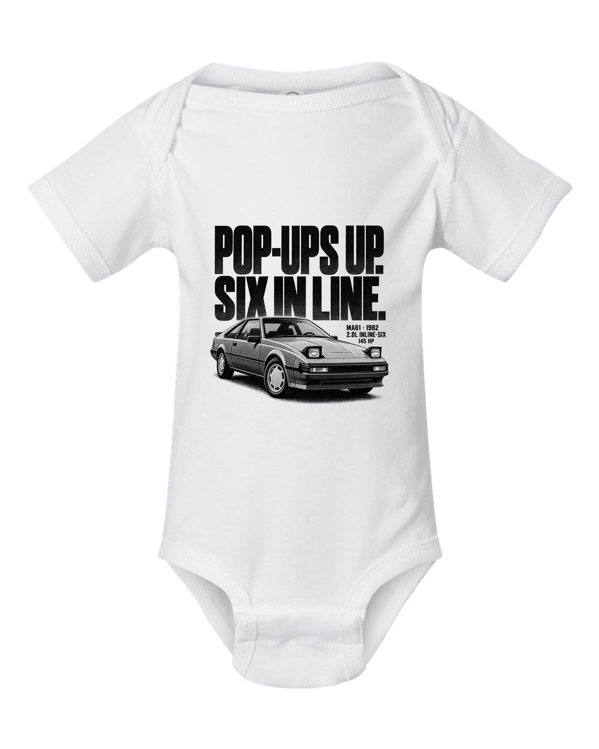 Halftone print of a Toyota Supra A60 MA61 wedge with the text Pop-Ups Up Six In Line white baby onesie front view with the design