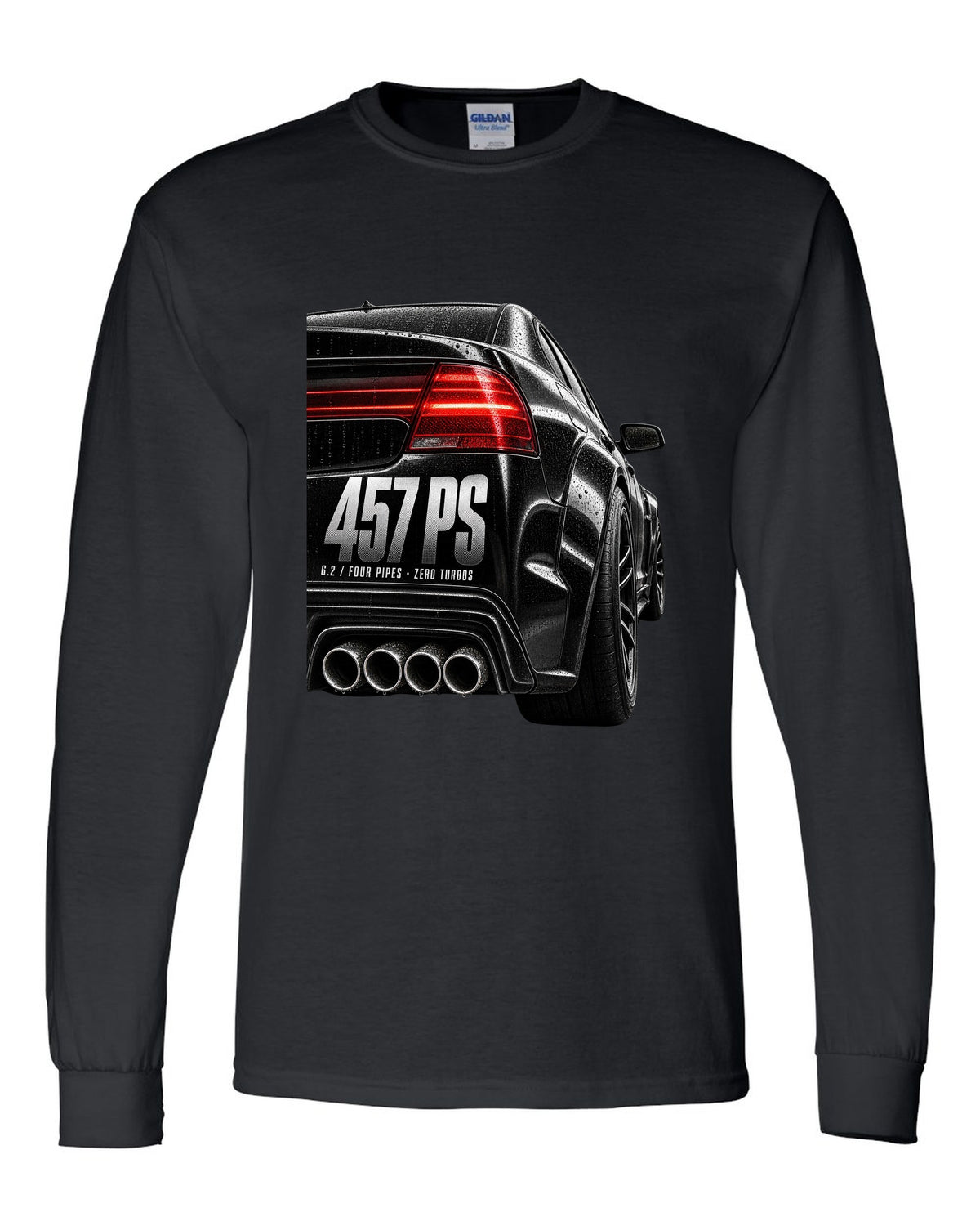 print taillight close-up of a Mercedes W204 C63 sedan with text 457 PS, 6.2, four pipes, zero turbos black long sleeve front view with the design