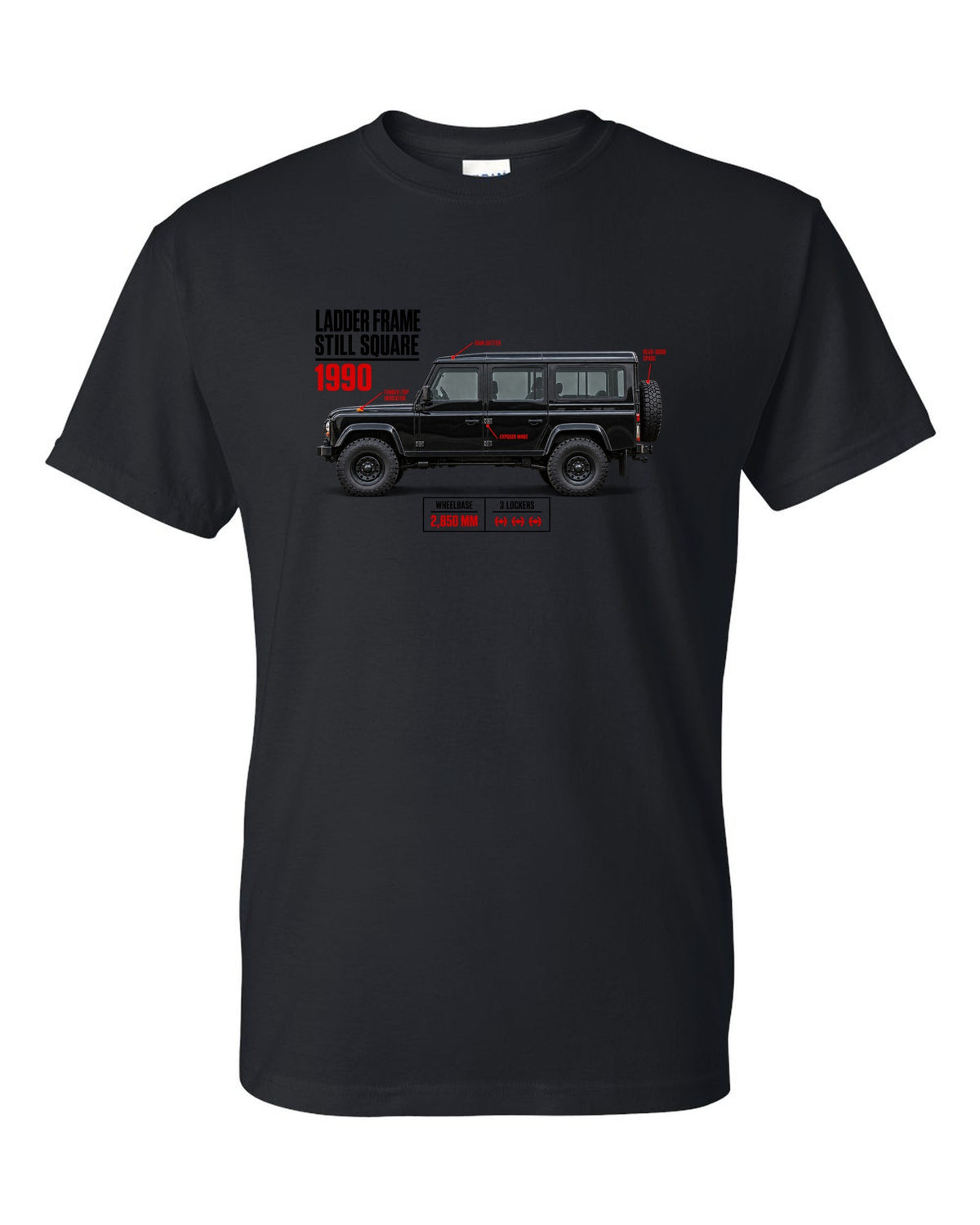 print spec poster of a Mercedes G-Class W463 with text ladder frame, 1990, still square black t-shirt front view with the design