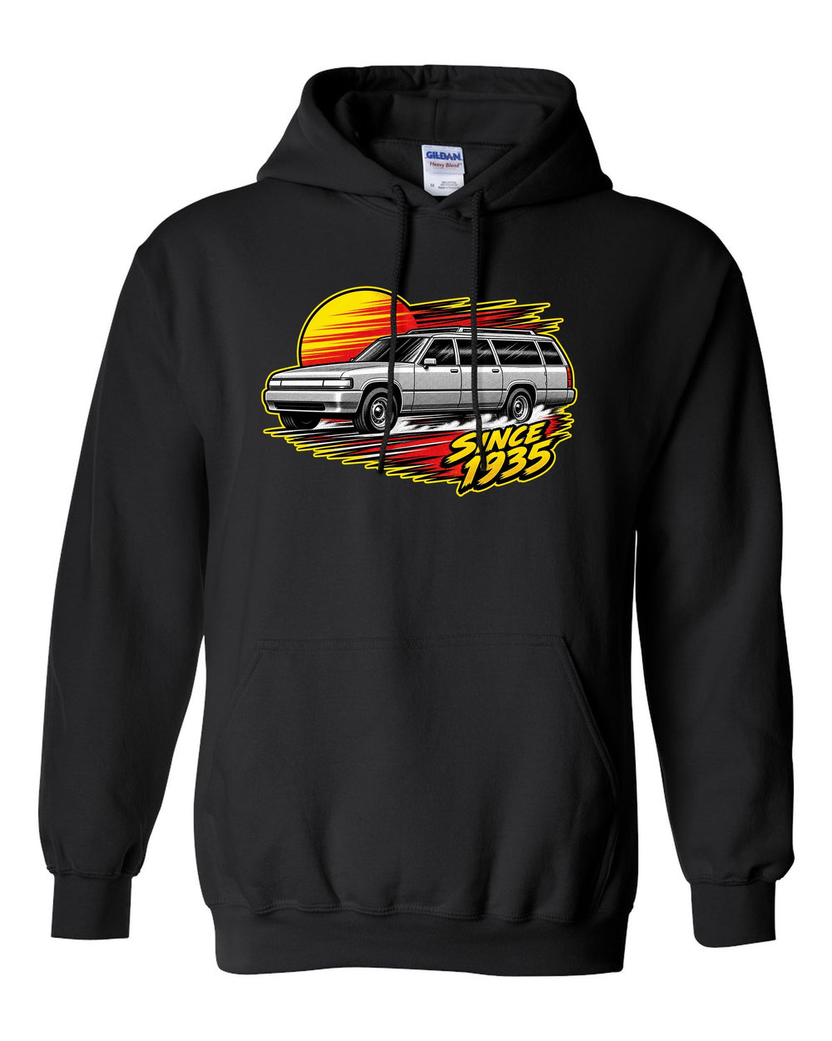 Retro manga halftone panel print of a 1992-1999 Chevrolet Suburban GMT400 with Since 1935 text black pull over hoodie front view with the design