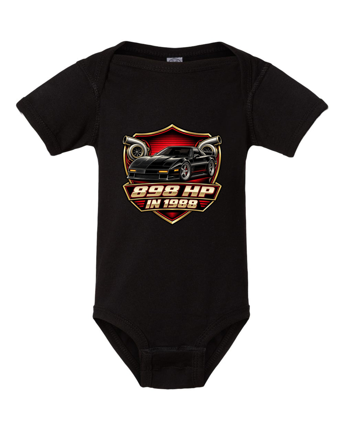 Badge crest design of a 2024 C8 hybrid AWD Corvette with 898 hp lettering black baby onesie front view with the design