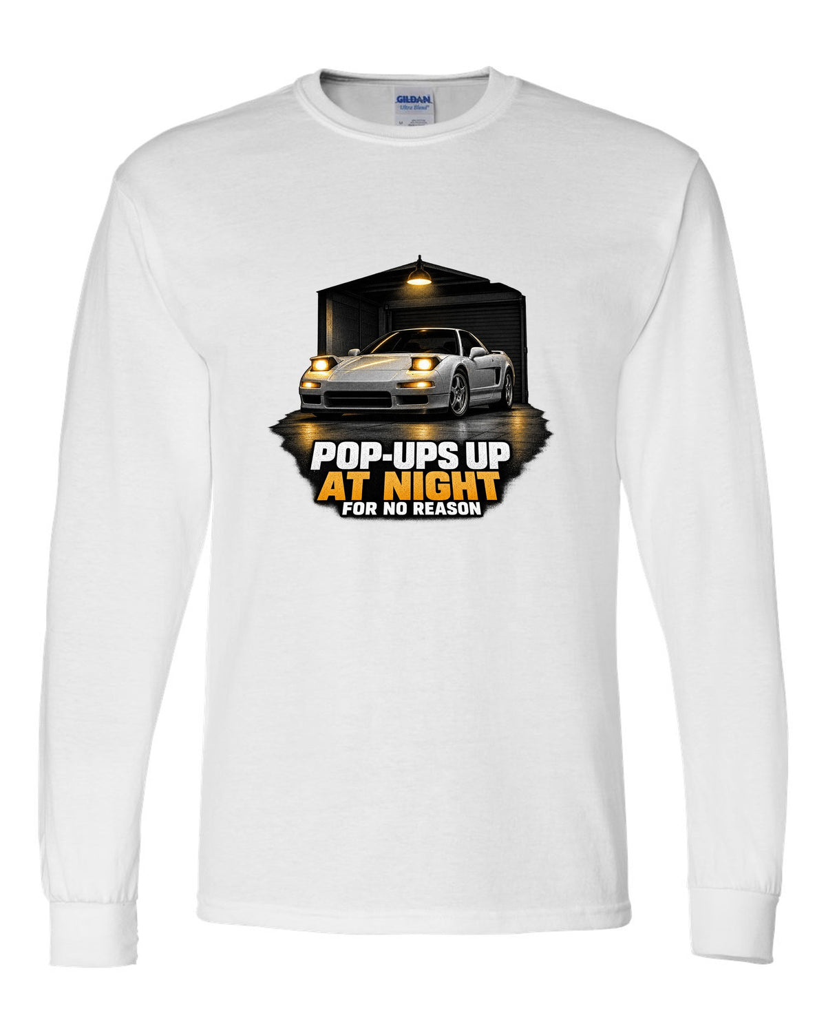 Honda NSX NA1 garage night design with pop-ups up at night for no reason text white long sleeve front view with the design