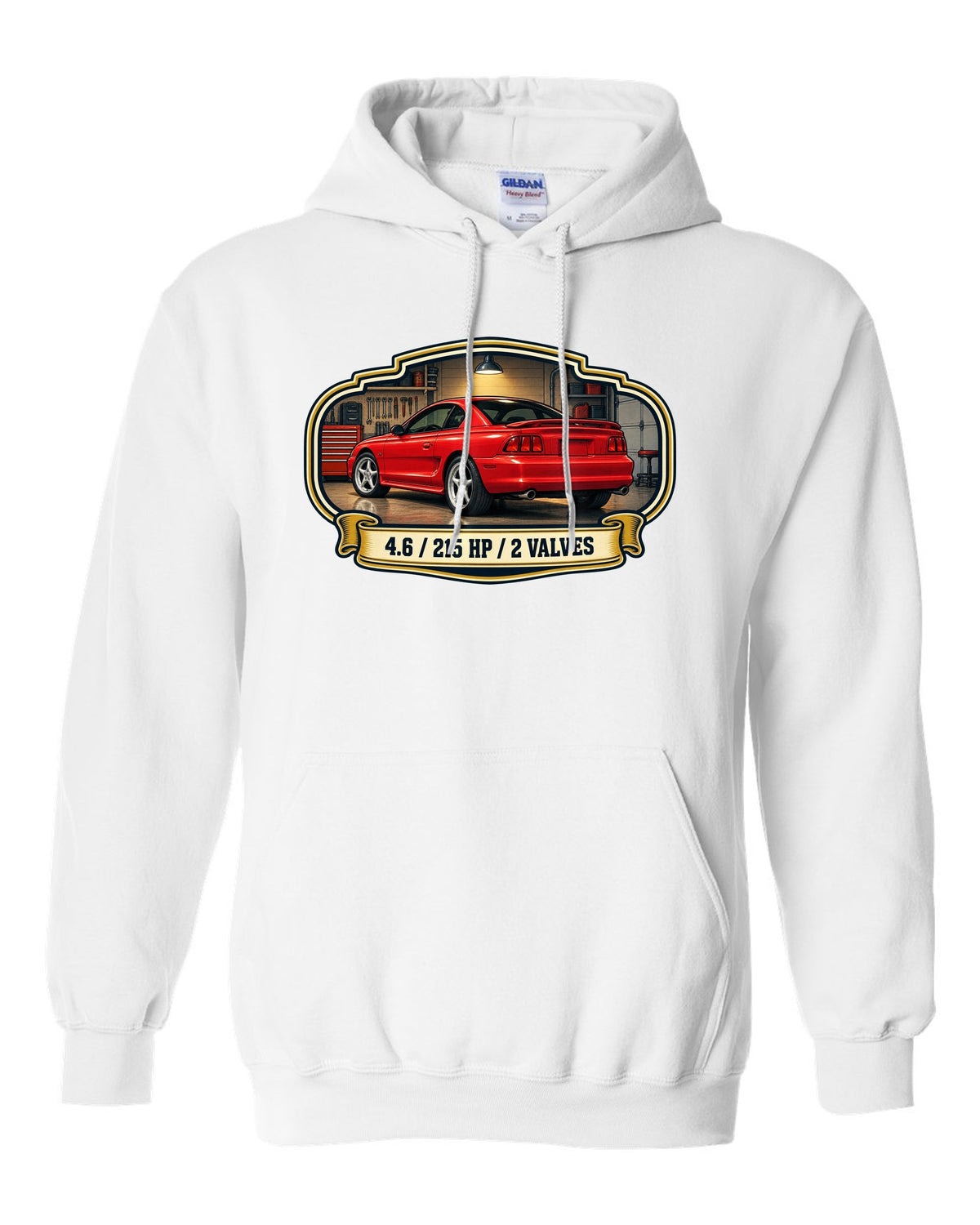 Vintage oil can label design of a 1994-98 SN95 Ford Mustang coupe with 4.6 specs white pull over hoodie front view with the design
