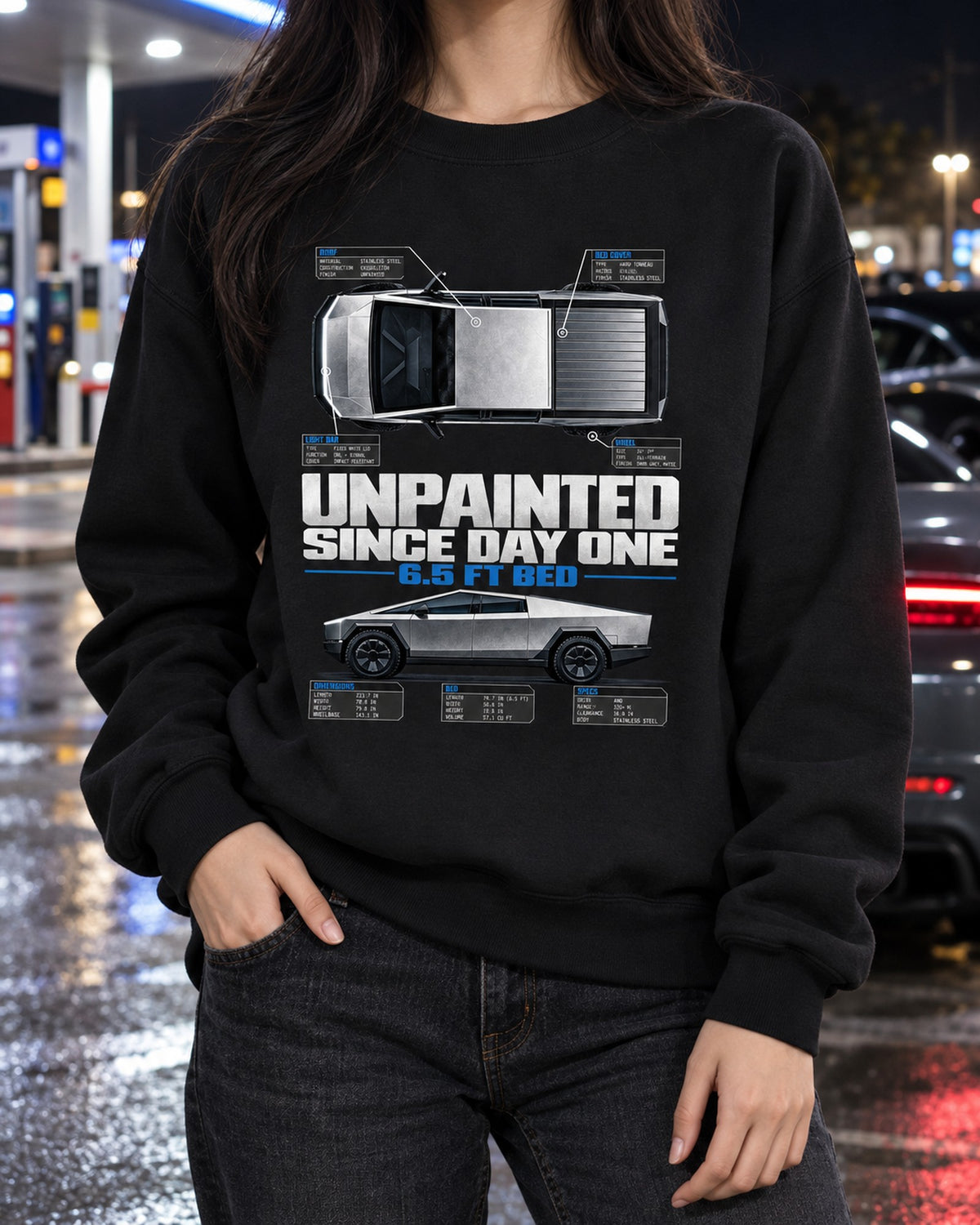 Cybertruck Unpainted Top-Down Spec Poster Shirt, Truck Gift Crewneck Black worn hero