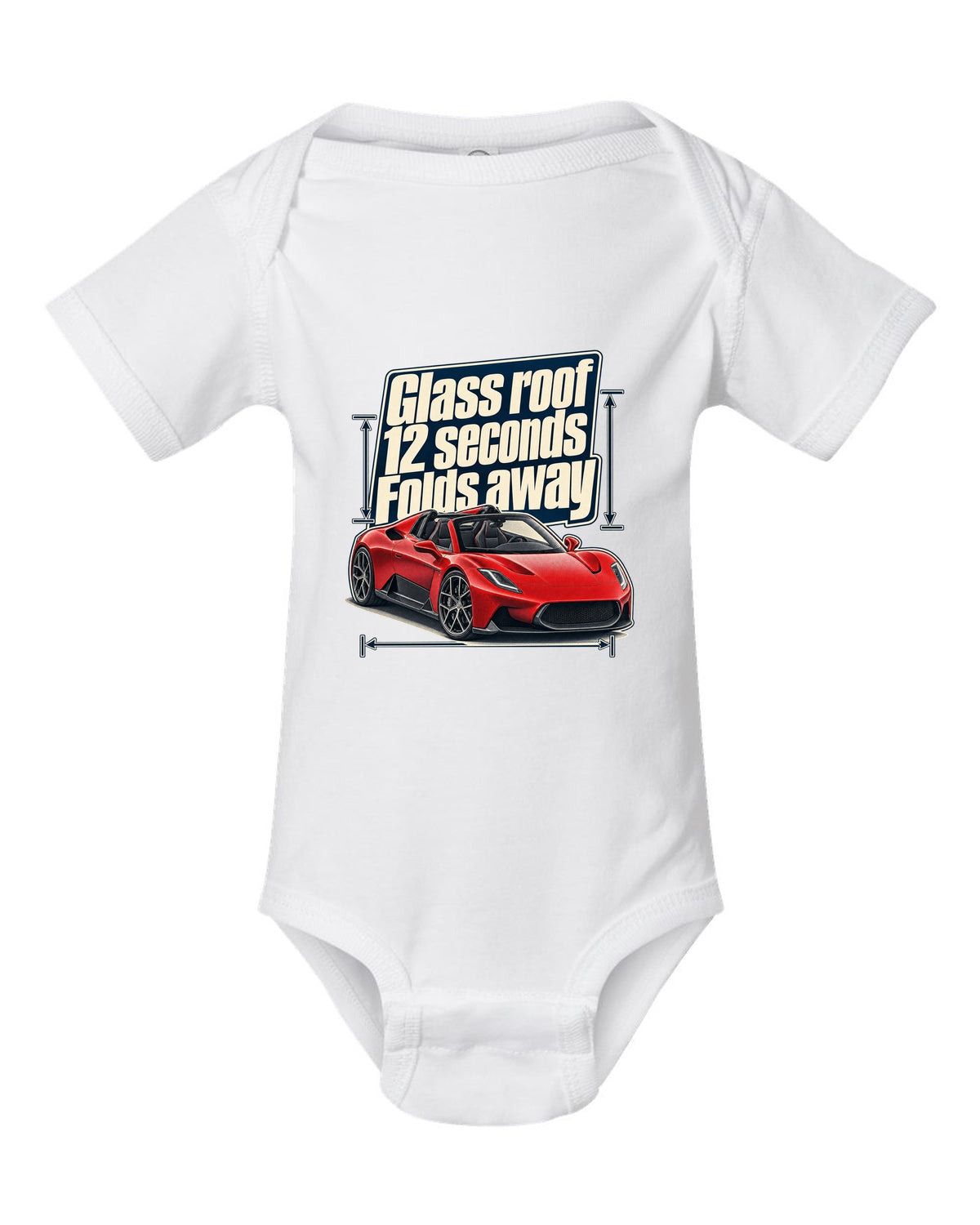 Maserati MC20 Cielo editorial headline print on a shirt white baby onesie front view with the design