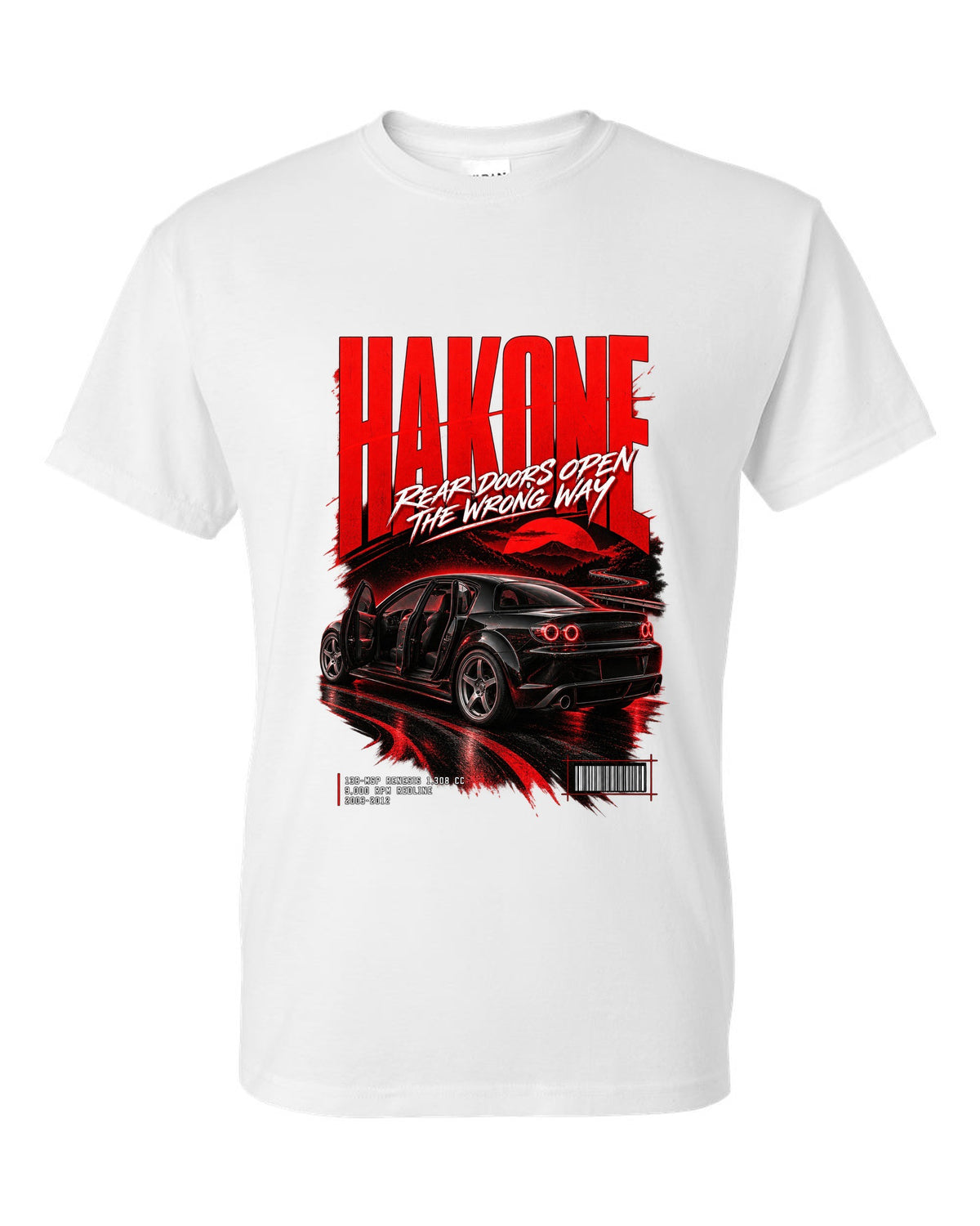 Street poster print for the 2004 Mazda RX-8 SE3P with Hakone lettering and Renesis rotary details white t-shirt front view with the design