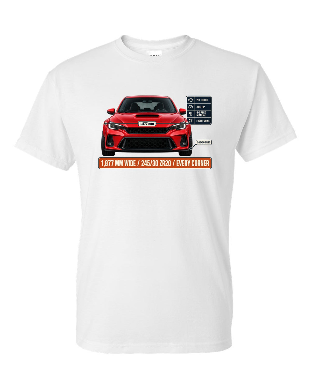 Front elevation of a Rallye Red Honda Civic Type R FK8 on a spec poster print white t-shirt front view with the design