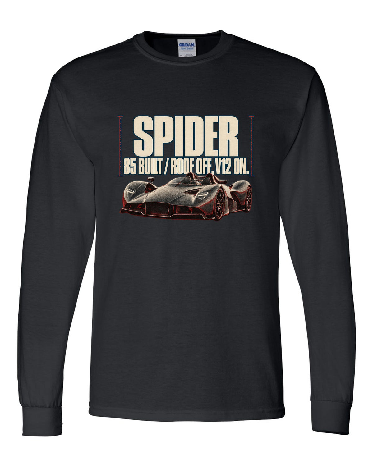 Aston Martin Valkyrie Spider 2022 halftone print with 85 built and roof off V12 on text black long sleeve front view with the design