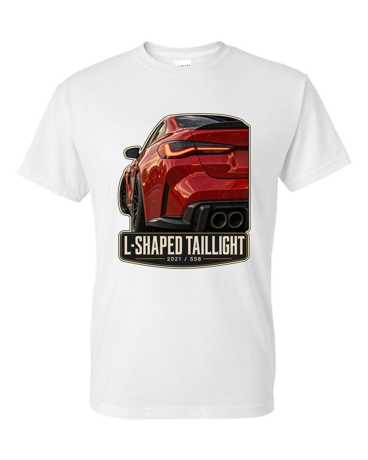 BMW M4 Competition G82 L-shaped taillight macro print with 2021 and S58 text white t-shirt front view with the design