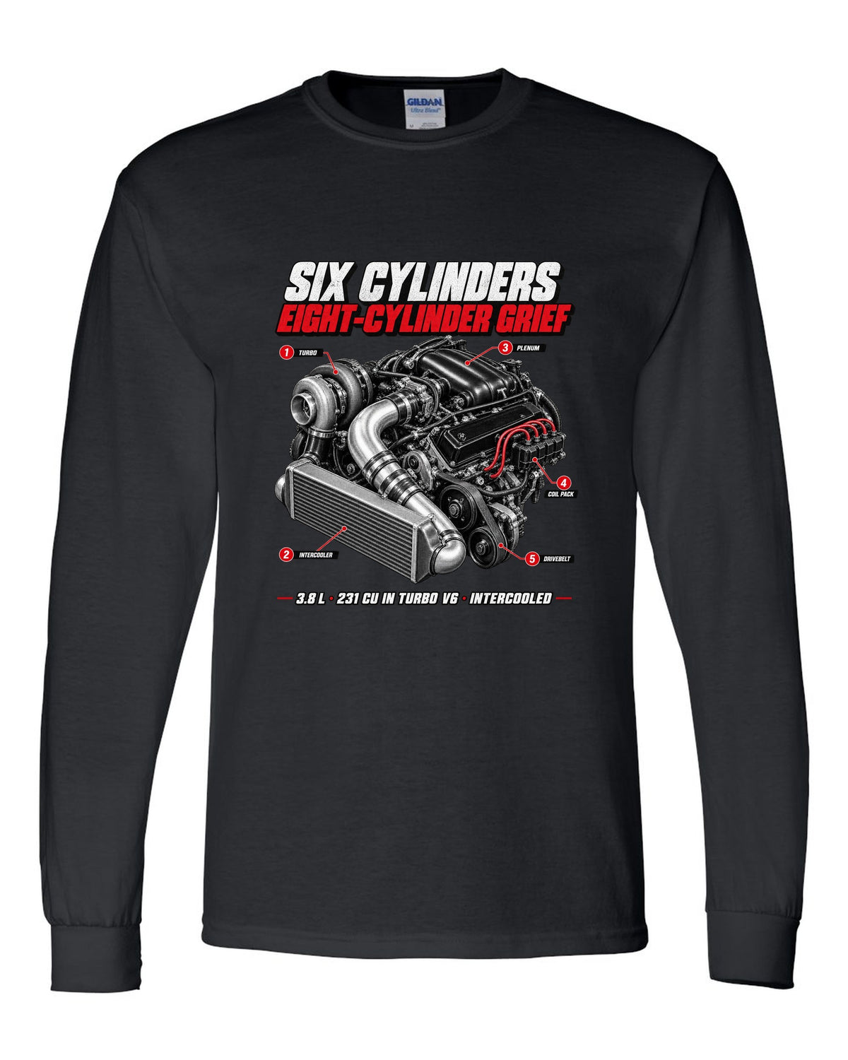 1987 Buick Grand National 3.8 turbo V6 engine callout print black long sleeve front view with the design