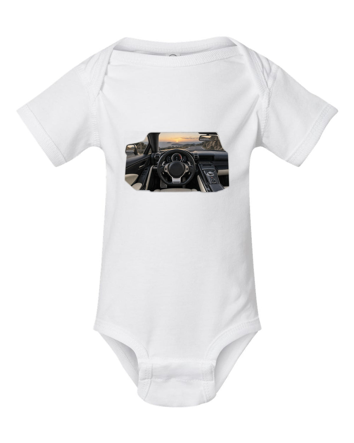 Three-view drawing and spec table of the Lexus LFA Nurburgring Package white baby onesie front view with the design