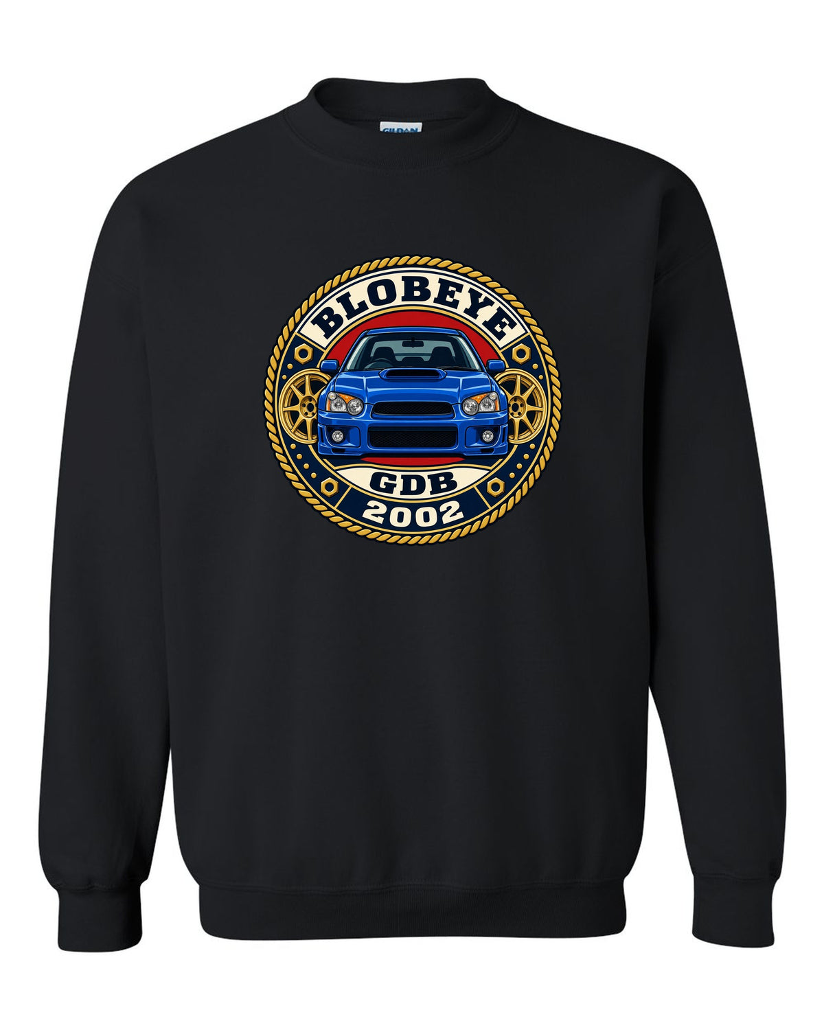 Subaru Impreza WRX GDB Blobeye round varsity crest print, BLOBEYE / GDB / 2002 black crewneck front view with the design