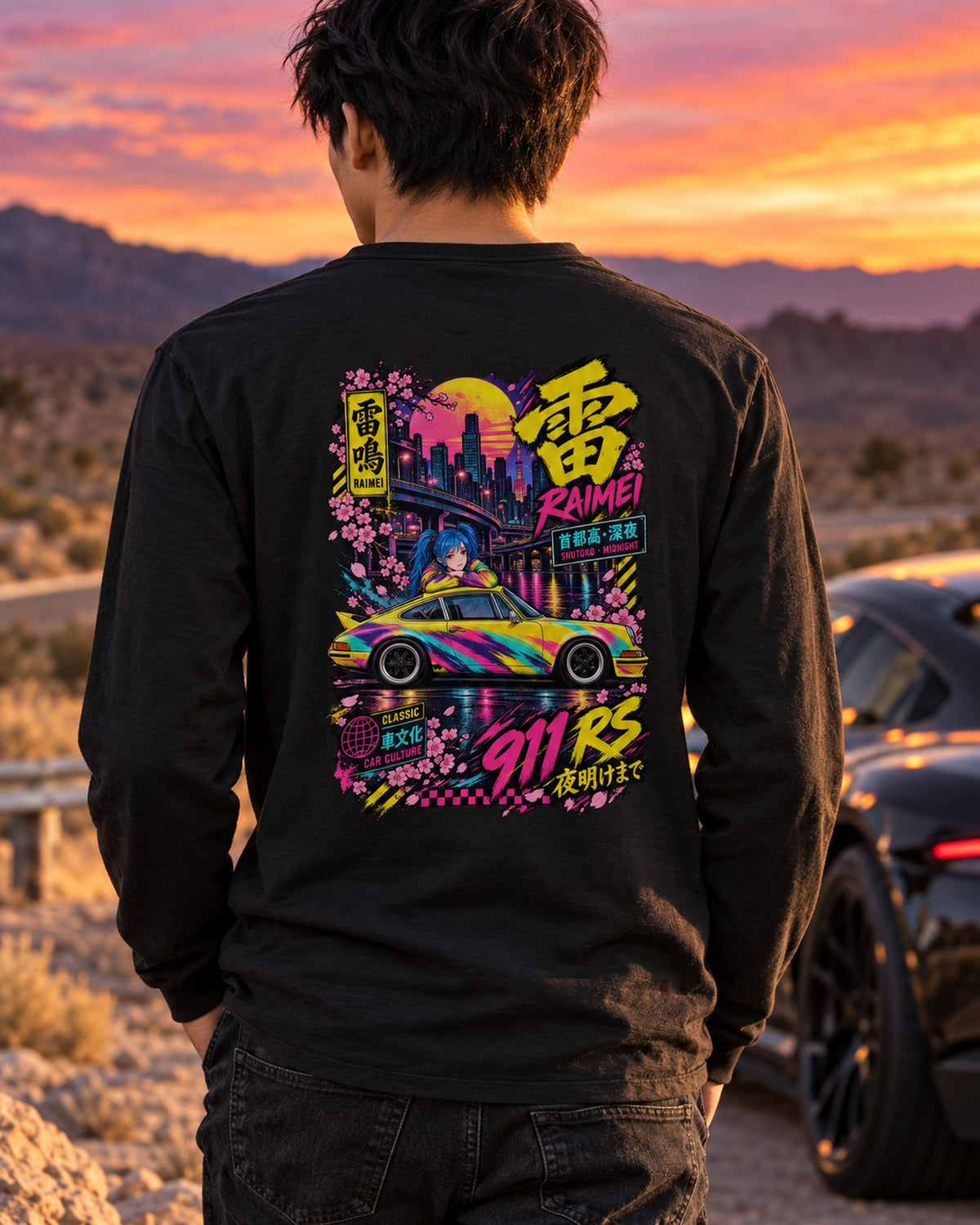RAIMEI 911 RS Anime Girl Full-Back Graphic Tee Long Sleeve Black worn hero