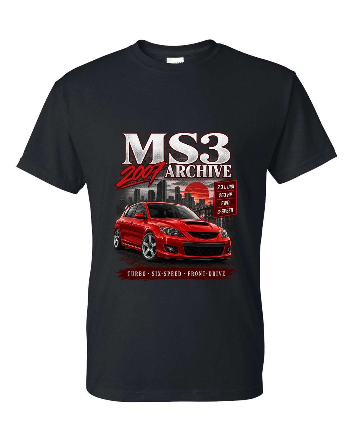 Mazdaspeed3 front three-quarter archive panel with MS3 Archive 2007 heading black t-shirt front view with the design
