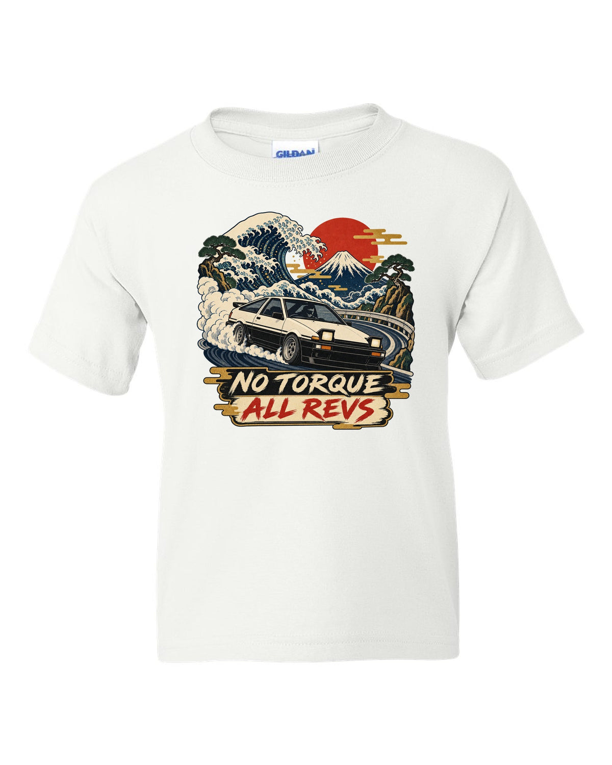 Woodblock ukiyo-e print of a 1985 Toyota Sprinter Trueno AE86 with No Torque All Revs lettering white kids tee front view with the design