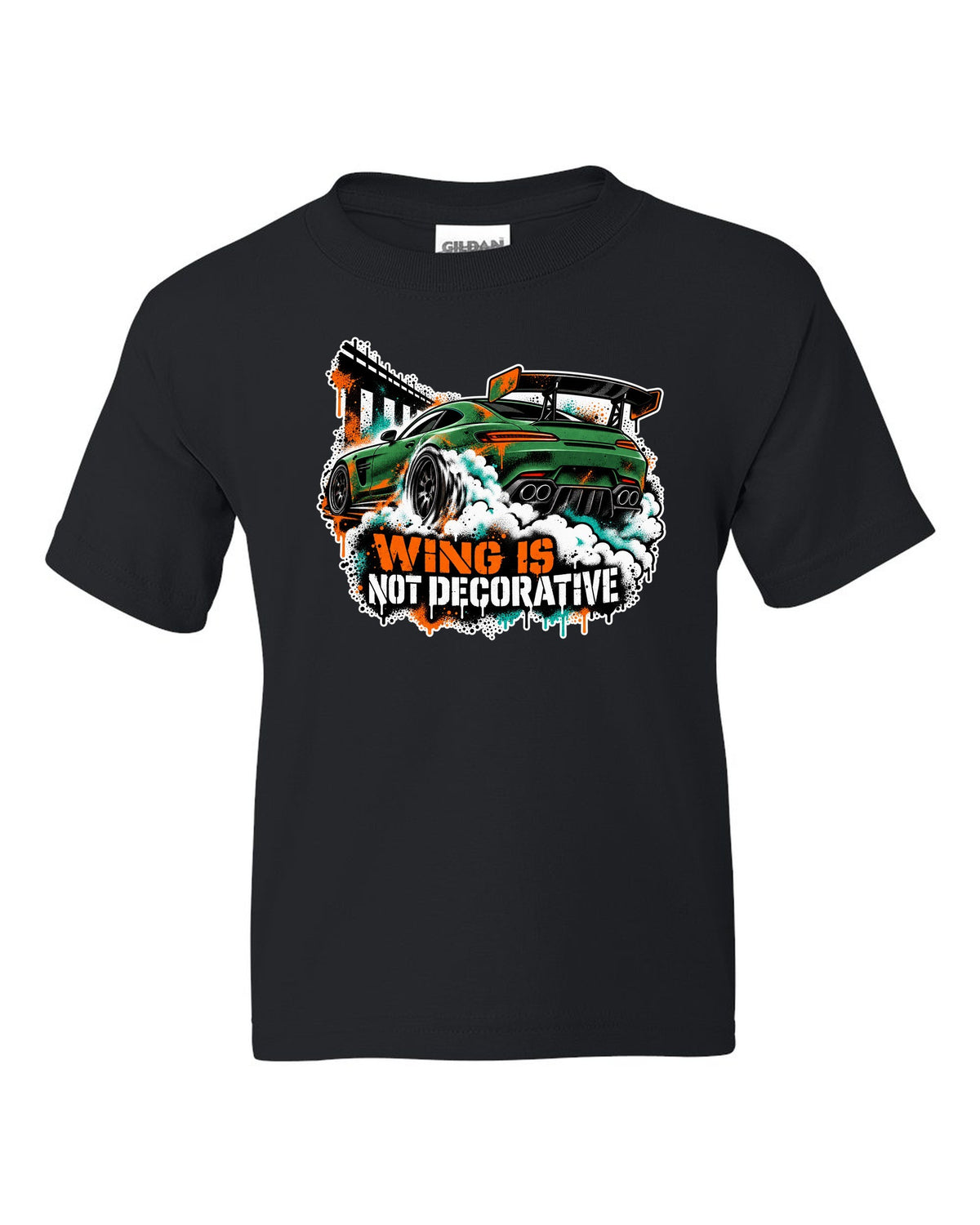 Risograph spot colour illustration of a Mercedes AMG GT R C190 in a garage with Track Day Monday Bill text black kids tee front view with the design