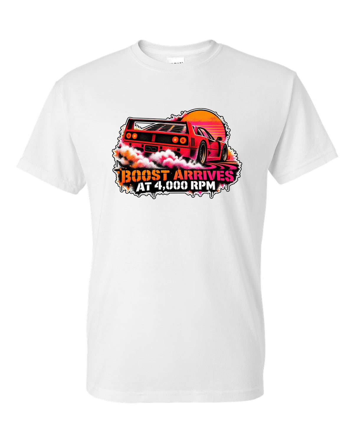 Stencil spray street-art print of a 1987 Ferrari F40 F120 with burnout and boost at 4,000 rpm text white t-shirt front view with the design