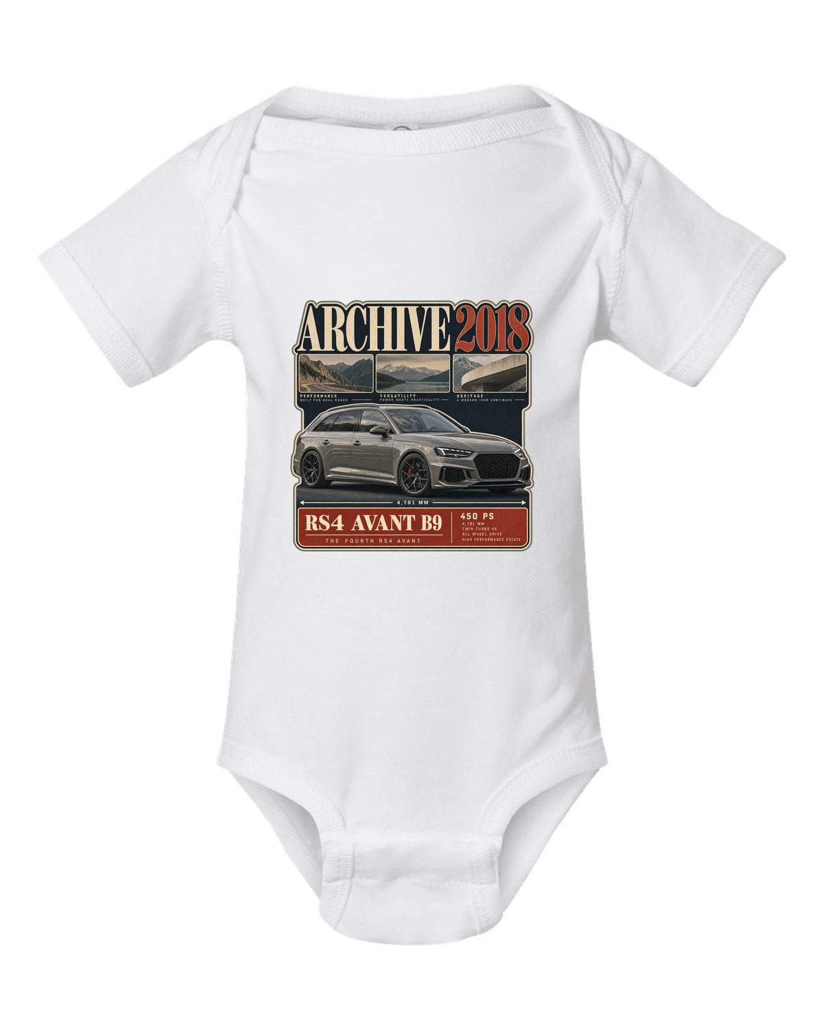 Audi RS4 Avant B9 archive panel print marked 2018 with 450 PS white baby onesie front view with the design