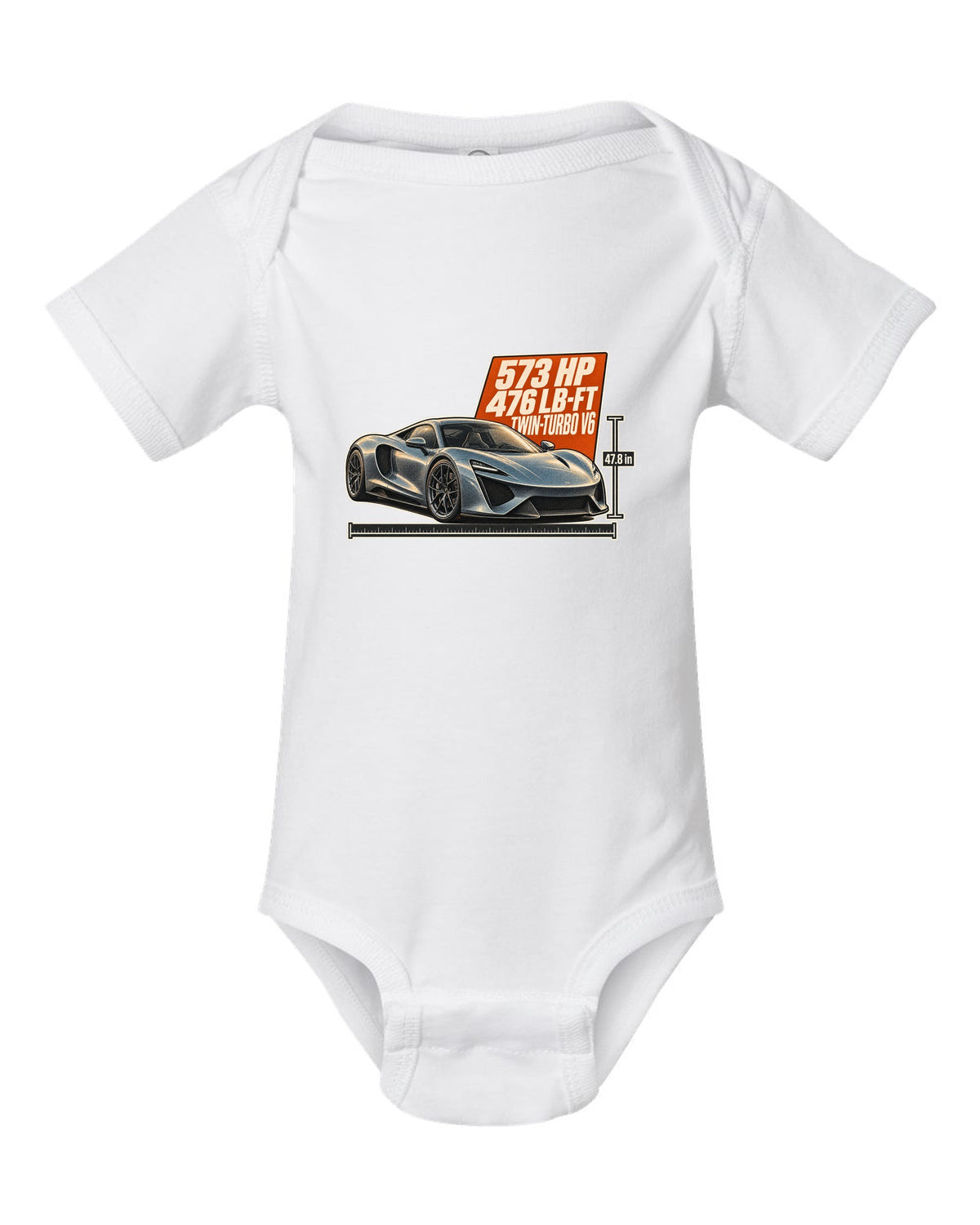 Halftone print of a 2020 Acura NSX NC1 front three-quarter white baby onesie front view with the design