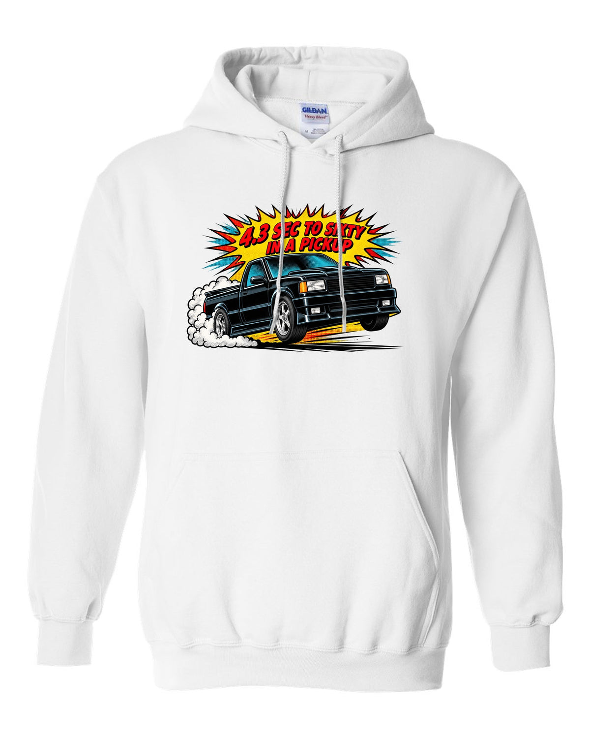 Comic halftone pop-art launch burst print of a 1991 GMC Syclone with 4.3 sec to sixty text white pull over hoodie front view with the design