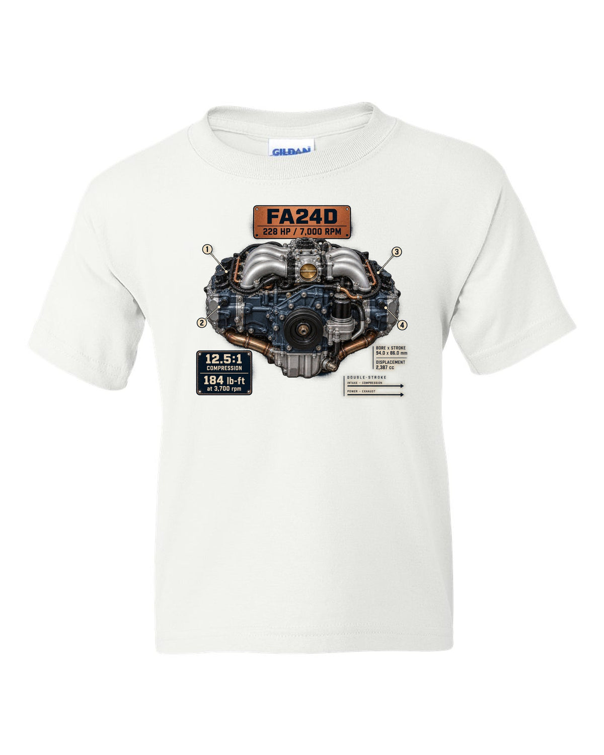 Poster-style engine print of the FA24D flat-four from the Subaru BRZ ZD8 and Toyota GR86 ZN8 white kids tee front view with the design