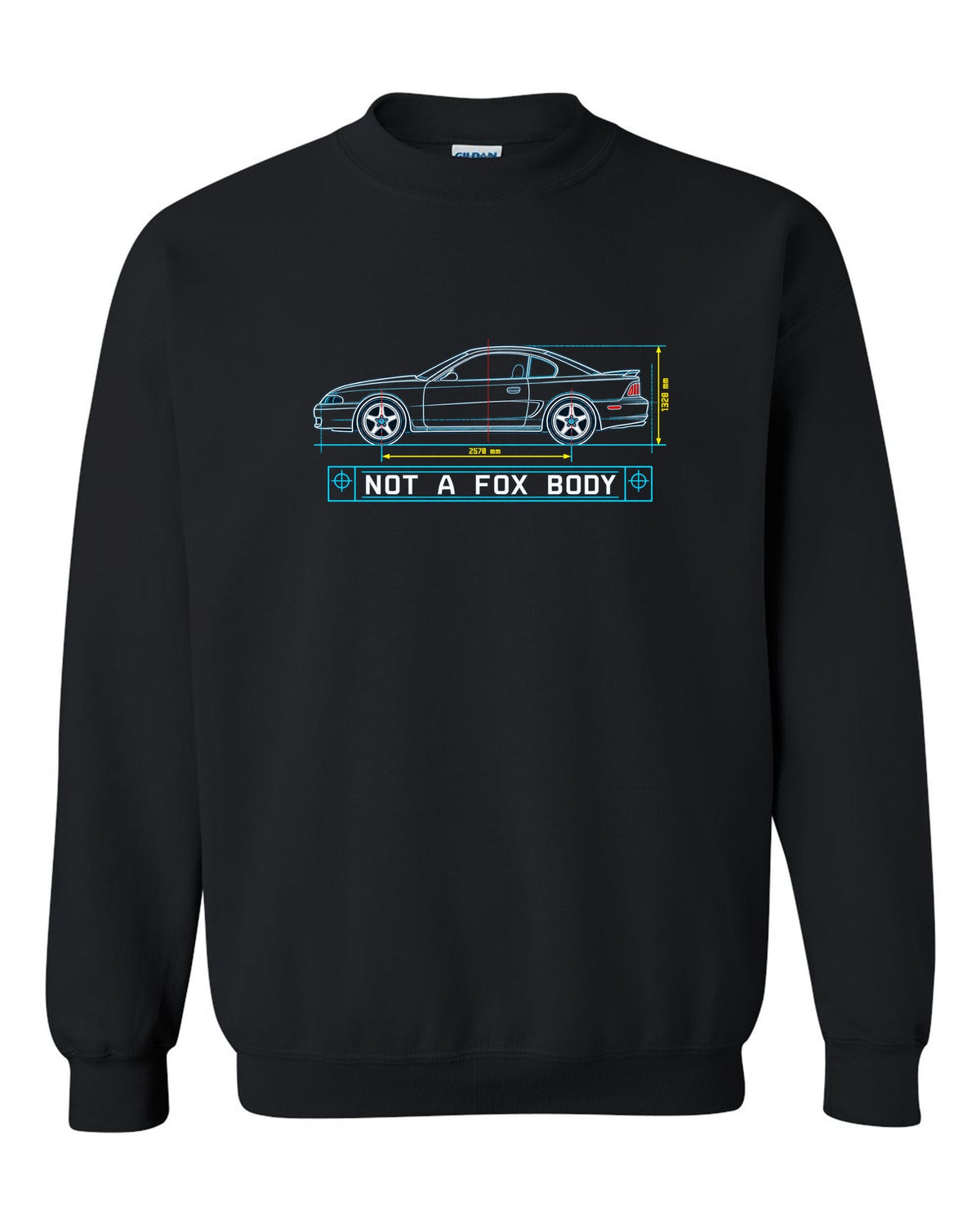 1994-98 SN95 Mustang Coupe Blueprint black crewneck front view with the design