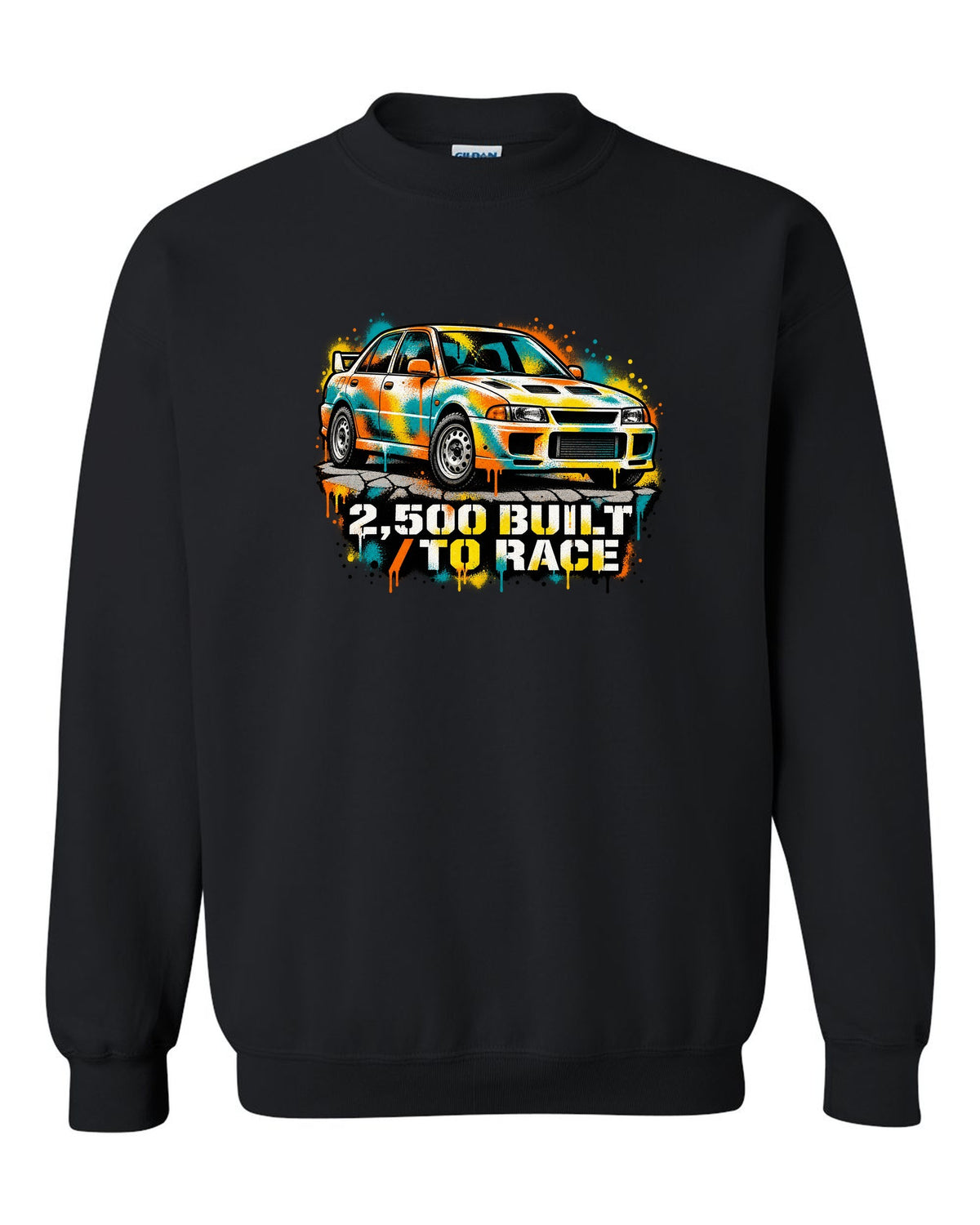 Spray-paint stencil of a Mitsubishi Lancer Evolution I CD9A with 2,500 built text black crewneck front view with the design