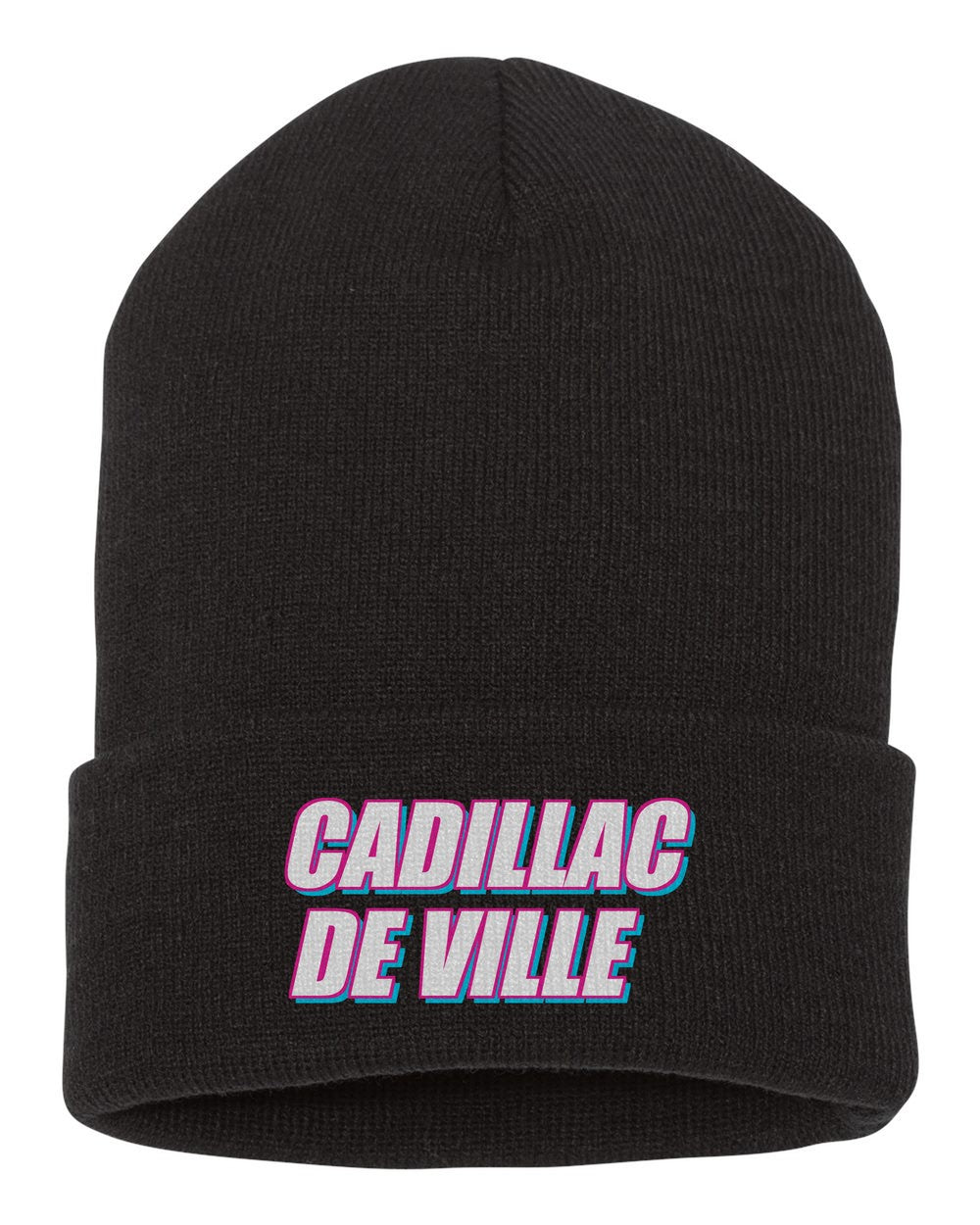 Cadillac De Ville black beanie front view with car name