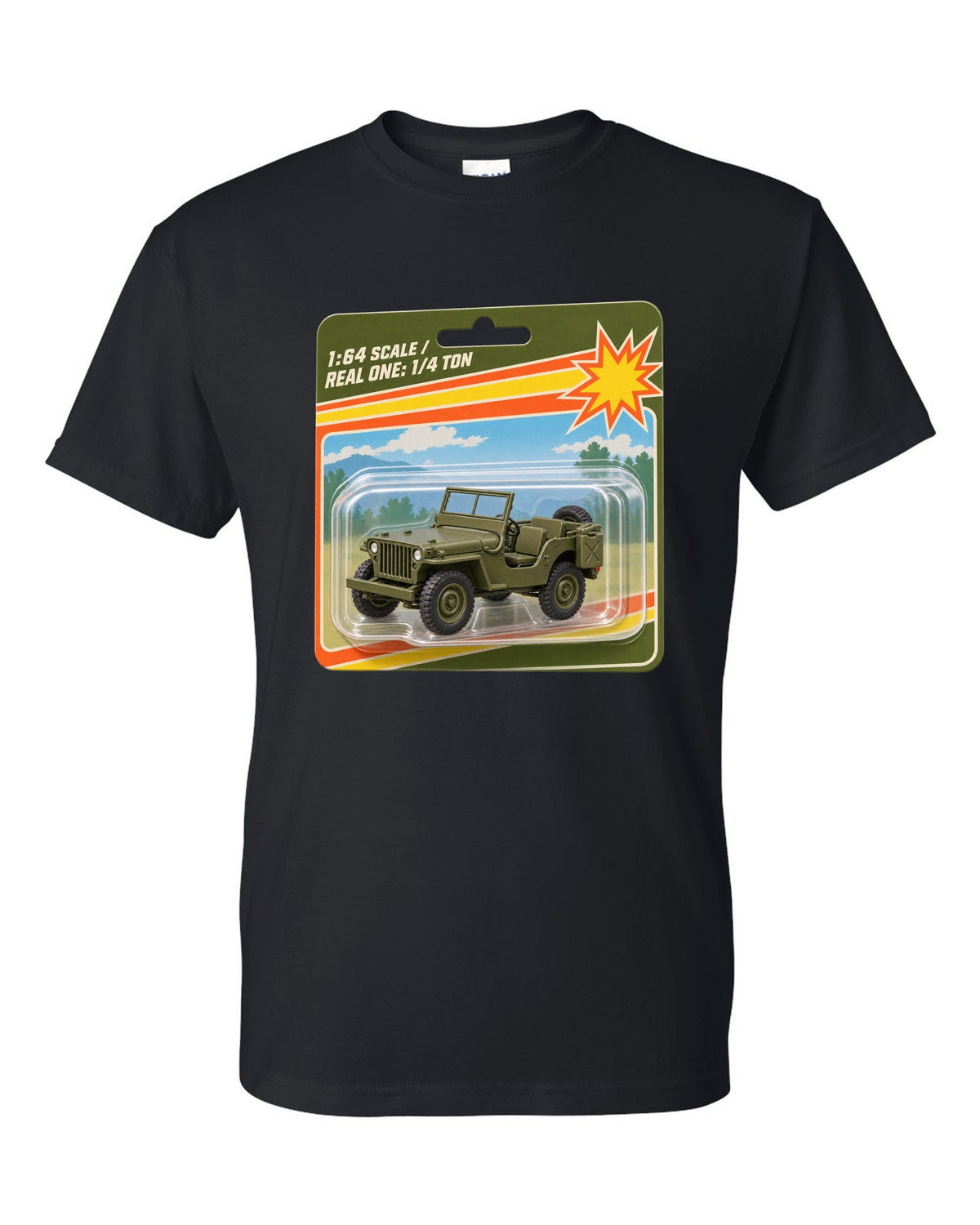 Toy blister card style print of a Willys MB with 1:64 scale text black t-shirt front view with the design