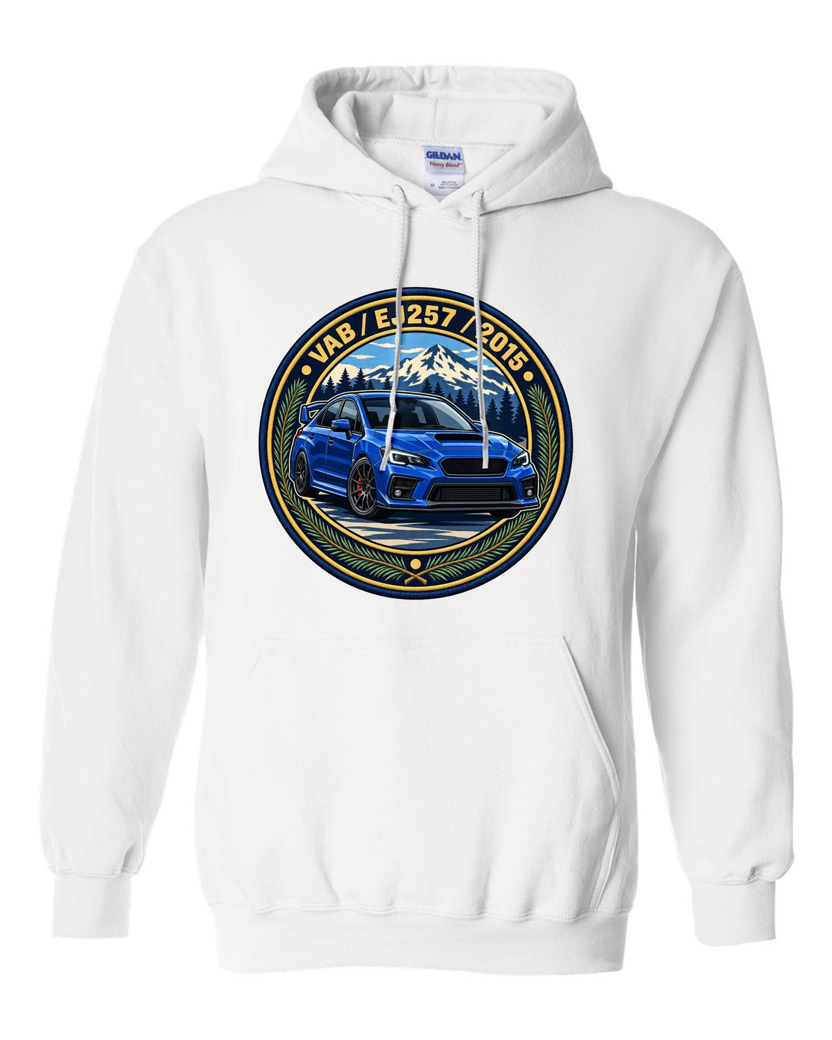 Subaru WRX STI VAB round varsity crest print, VAB / EJ257 / 2015 white pull over hoodie front view with the design