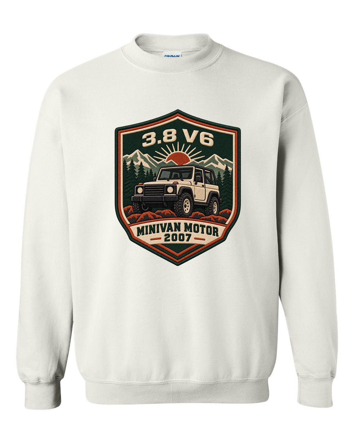 Jeep Wrangler JK varsity crest design with 3.8 V6 minivan motor 2007 text white crewneck front view with the design