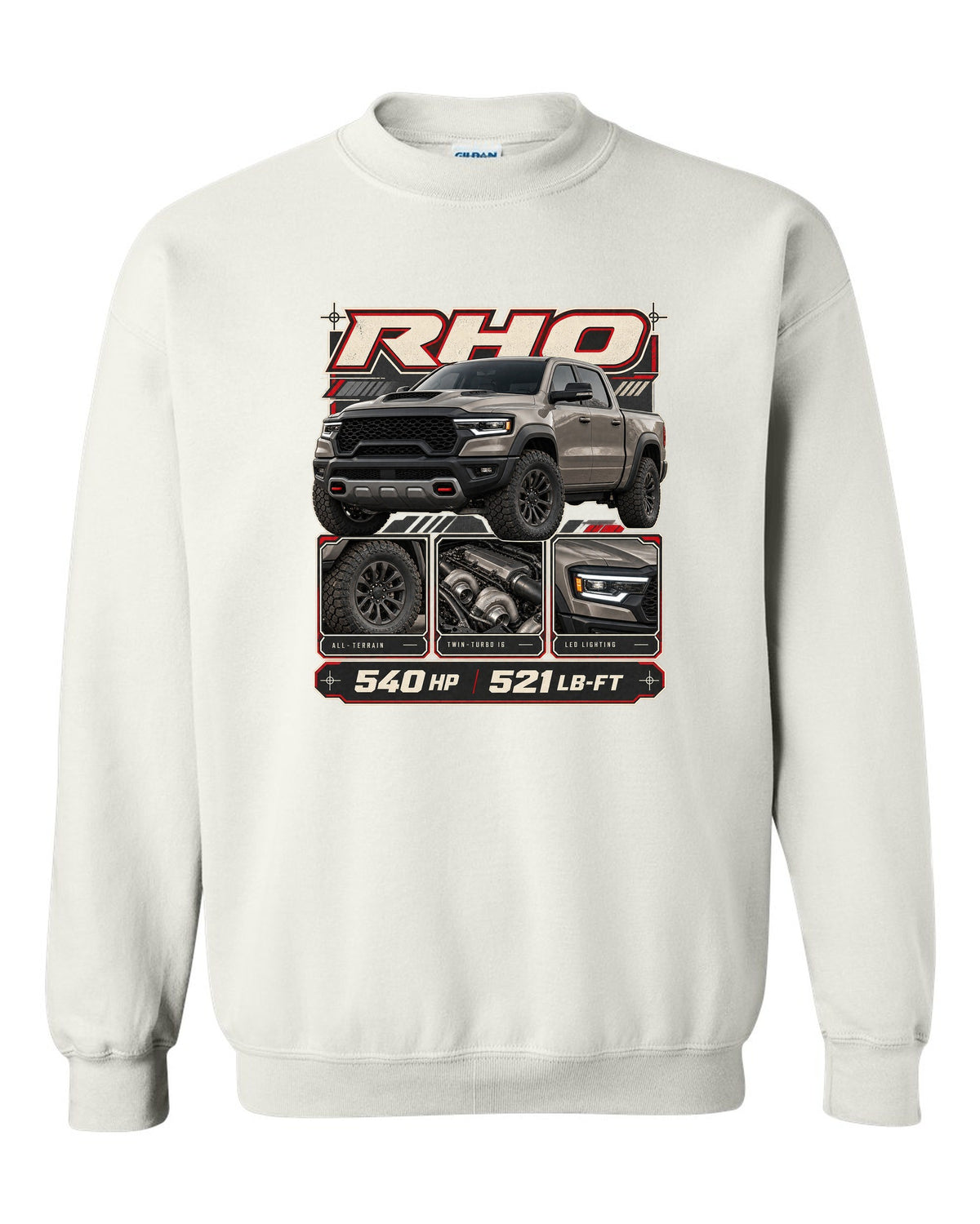 Ram 1500 RHO 2025 dossier panels with horsepower and torque print white crewneck front view with the design