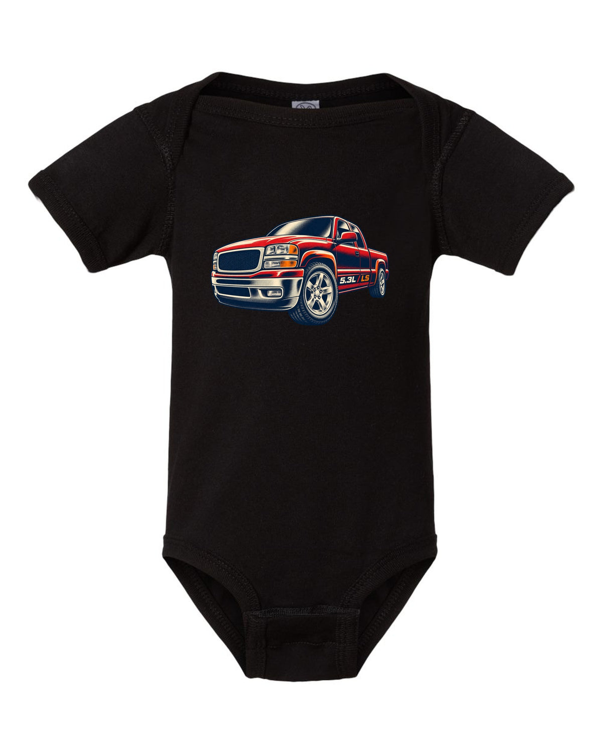 Retro screen-print wheel close-up print for a 1999-2006 Chevrolet Silverado GMT800 with 5.3L LS text black baby onesie front view with the design