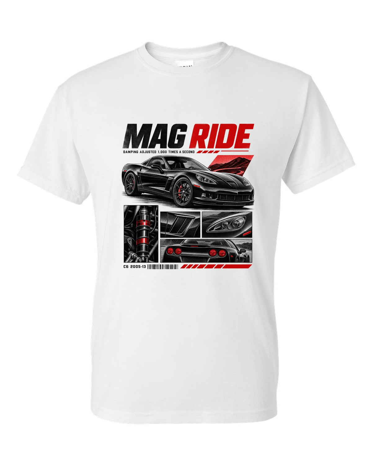 Corvette C6 coupe in dossier panels with magnetic ride text white t-shirt front view with the design
