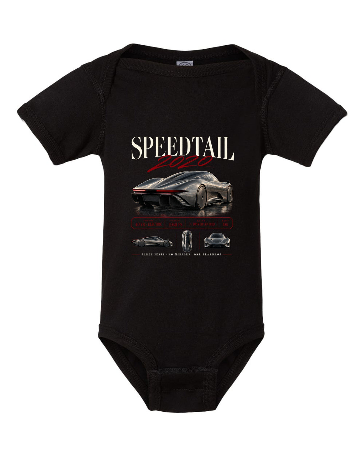 Archive panel print of a 2020 McLaren Speedtail with three seats and no mirrors text black baby onesie front view with the design