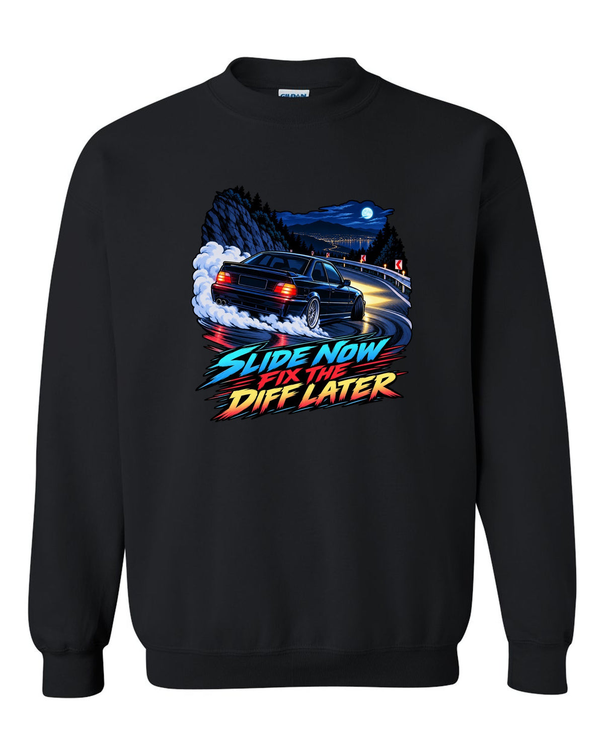 Spec sheet print of a BMW E36 M3 coupe with S50B32 3,201 cc 321 HP text black crewneck front view with the design