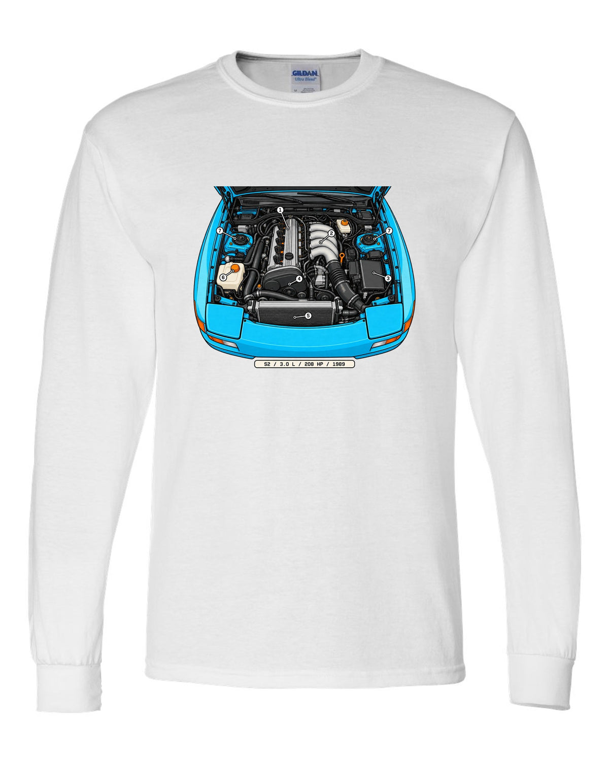 Technical callout diagram of the Porsche 944 S2 engine bay white long sleeve front view with the design