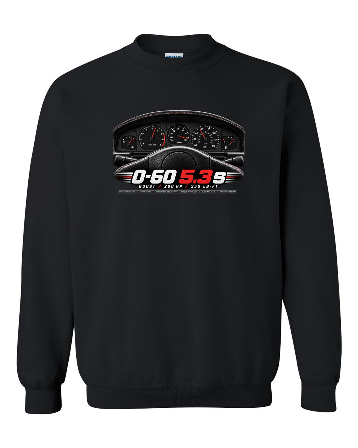 print of a 1991 GMC Syclone gauge cluster crop with boost and speed figures black crewneck front view with the design