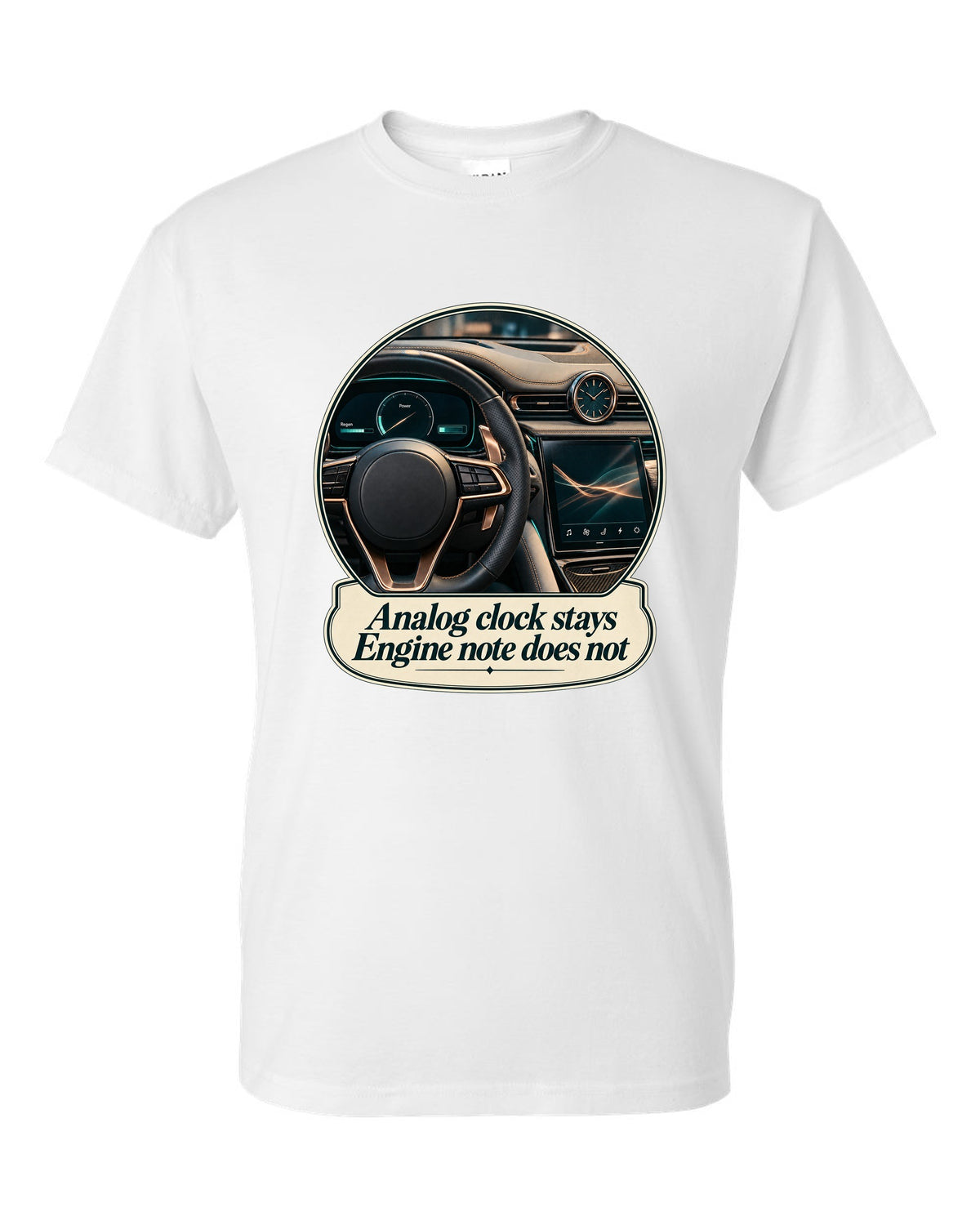 Maserati GranTurismo Folgore cockpit with analog clock, print white t-shirt front view with the design
