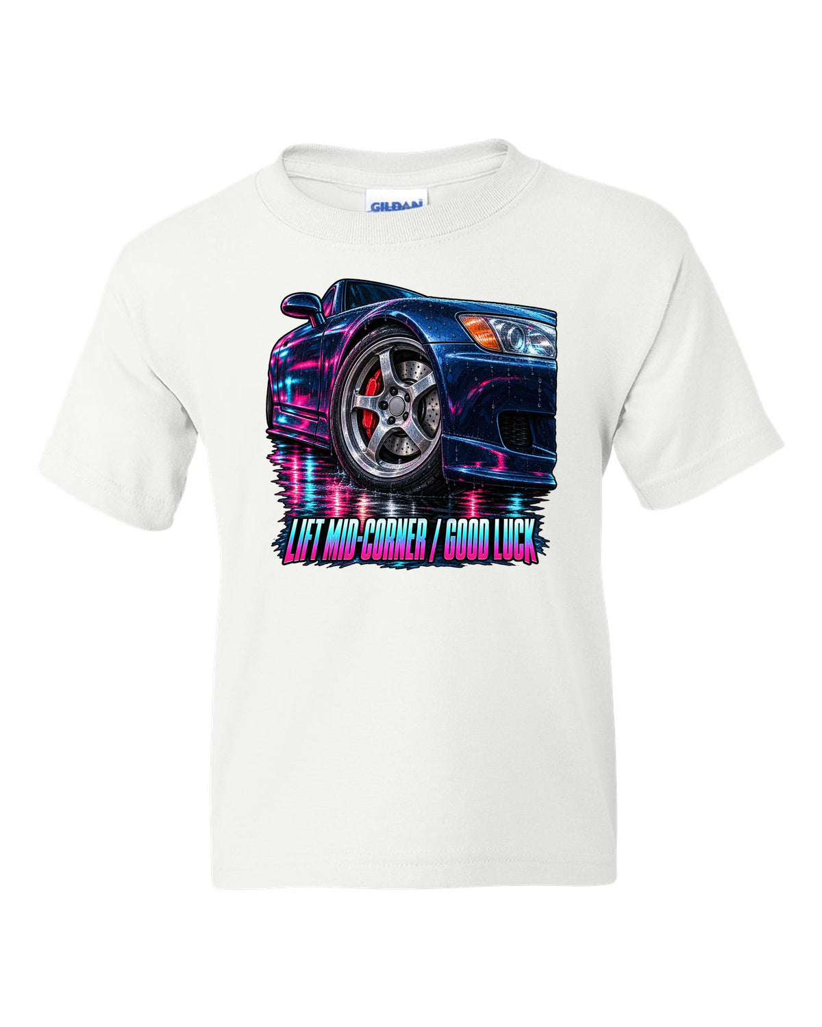 Cinematic macro painting print of a Honda S2000 AP1 cornering with lift mid-corner good luck text white kids tee front view with the design