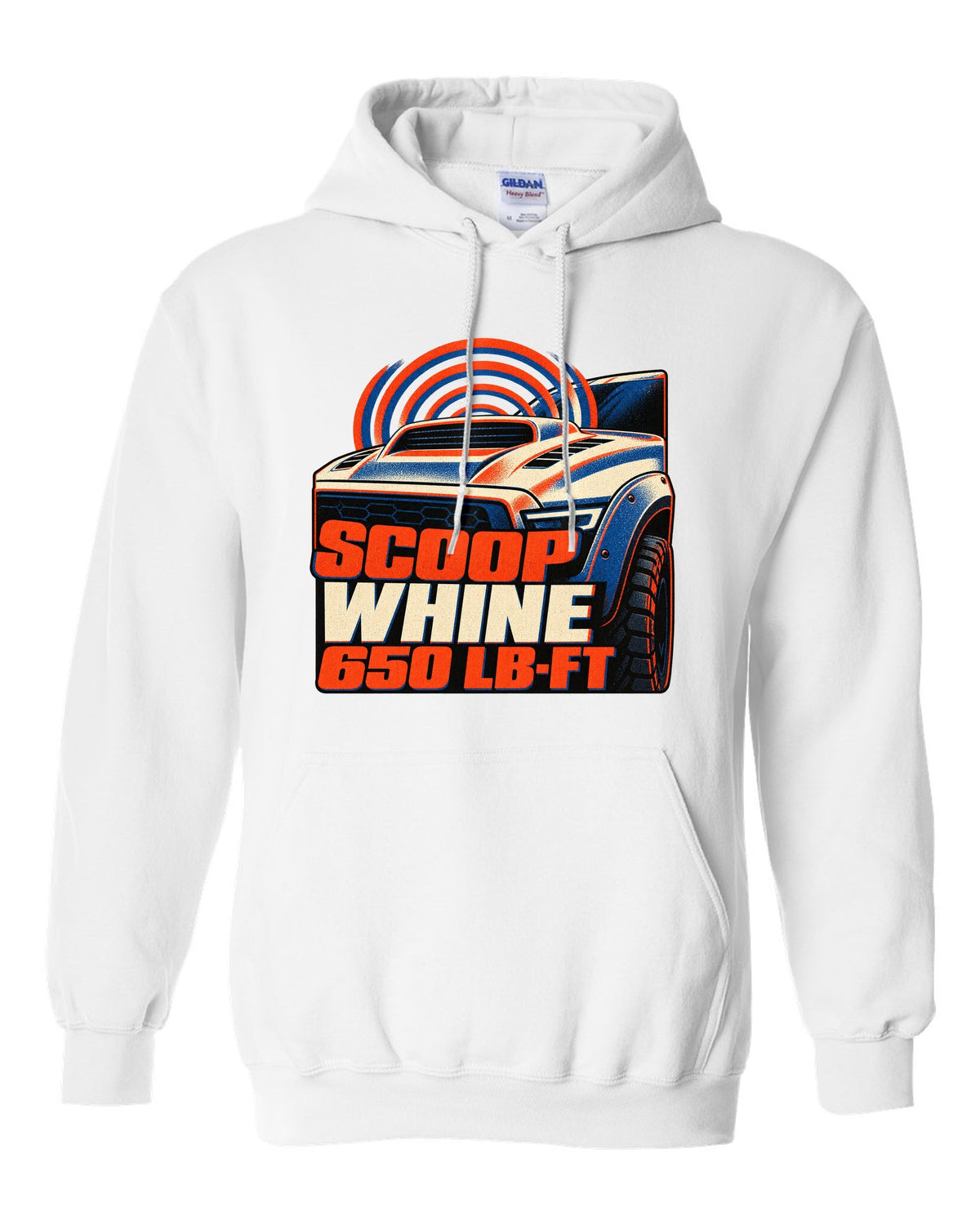 Risograph print of a 2021-2024 Ram 1500 TRX with scoop whine 650 lb-ft text white pull over hoodie front view with the design