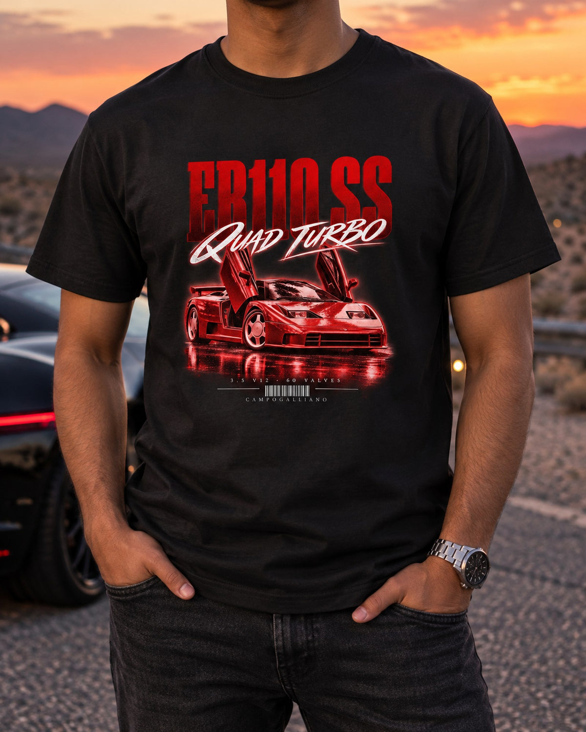 Bugatti EB110 SS 1992 Quad Turbo V12 Street Poster Shirt T-Shirt Black worn hero