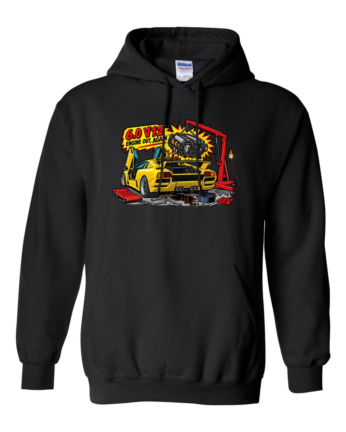 Comic halftone pop-art Lamborghini Diablo GT in a workshop with 6.0 V12 engine out again lettering black pull over hoodie front view with the design