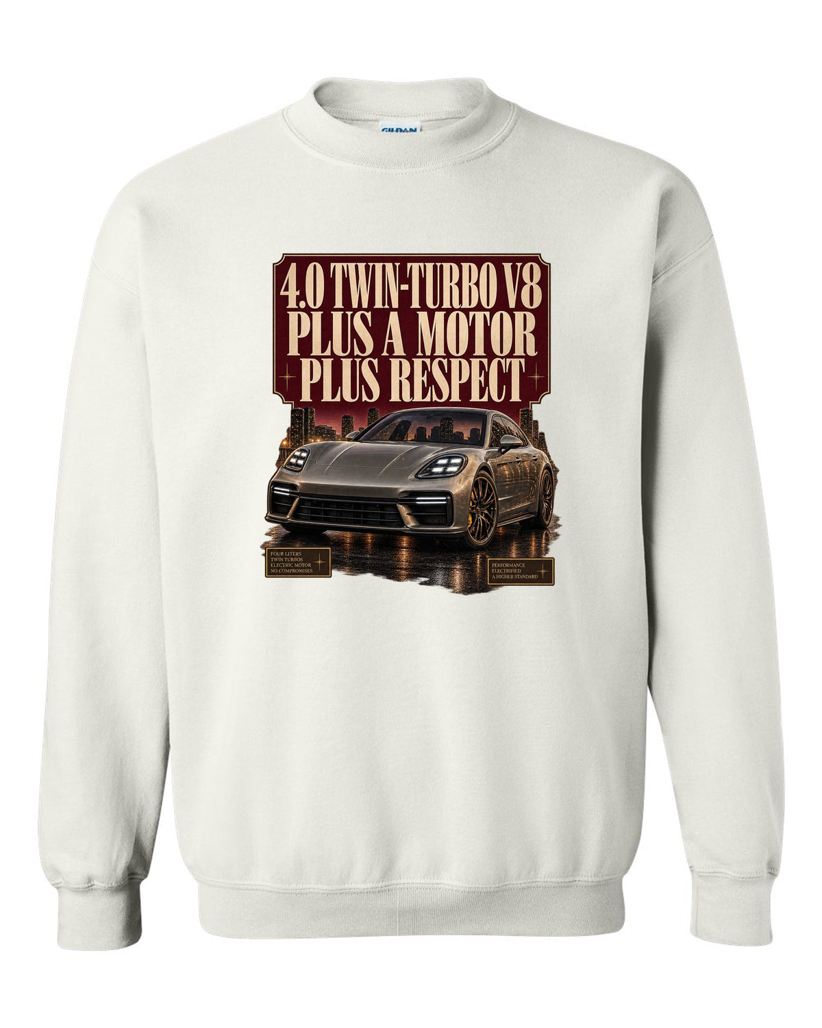 Editorial headline print of a low front three-quarter Porsche Panamera Turbo S E-Hybrid G3 at dusk white crewneck front view with the design