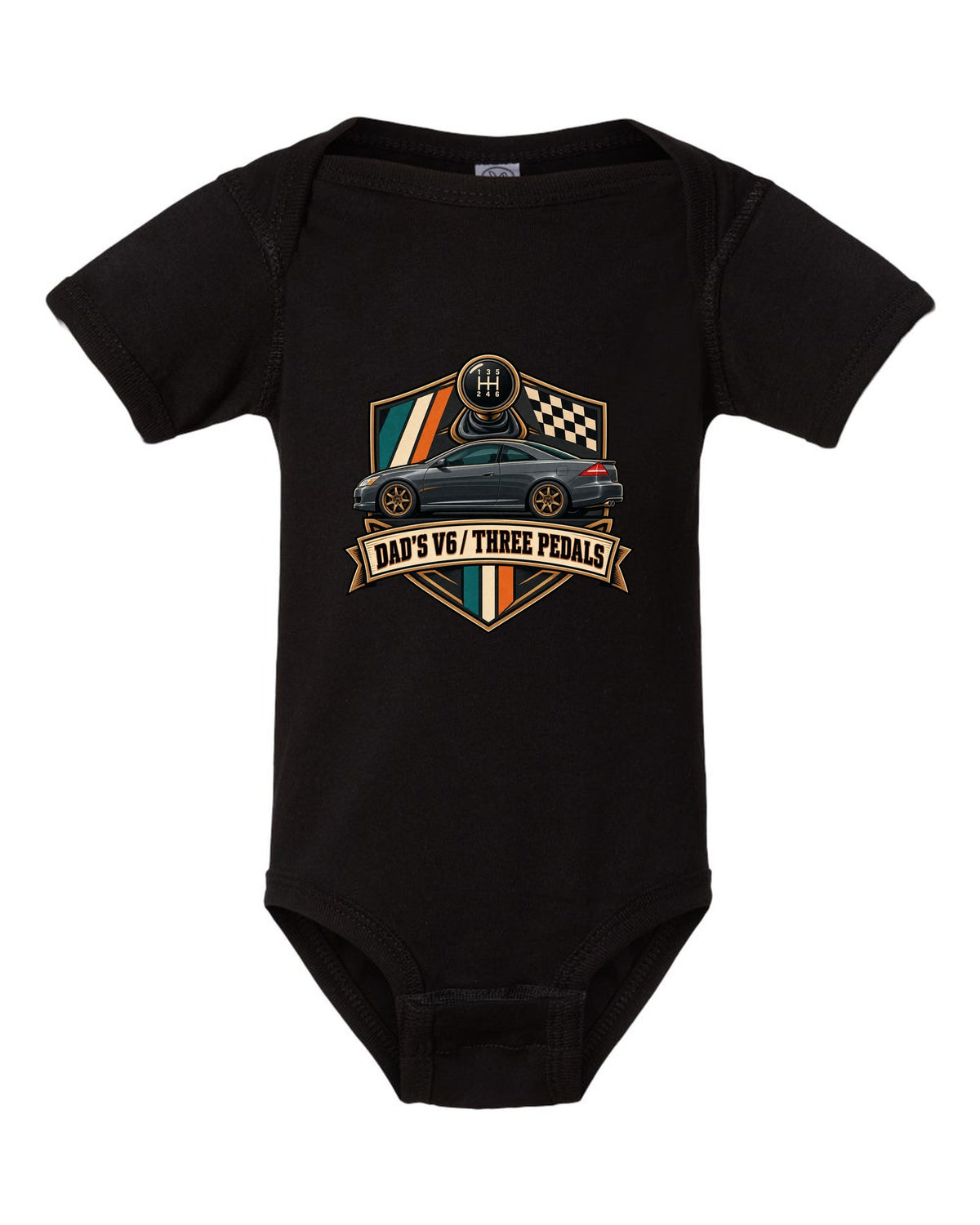 Crest layout print for the Honda Accord V6 Coupe with three pedals text black baby onesie front view with the design