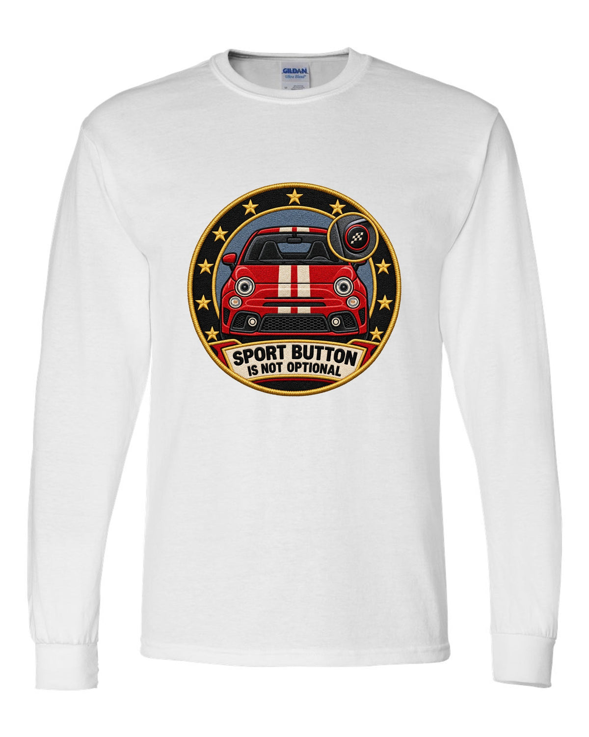 Varsity crest of a Fiat 500 Abarth with sport button text white long sleeve front view with the design