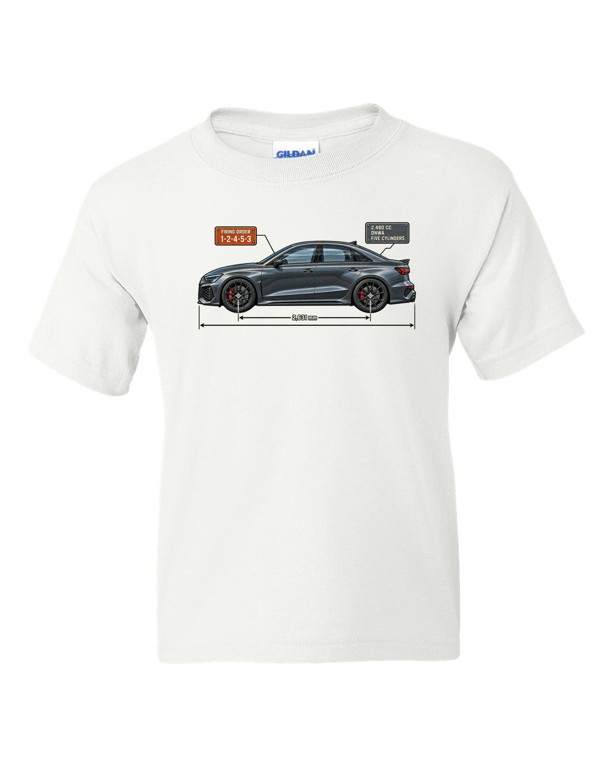 Blueprint of the Audi RS3 8Y sedan with 1-2-4-5-3 firing order white kids tee front view with the design
