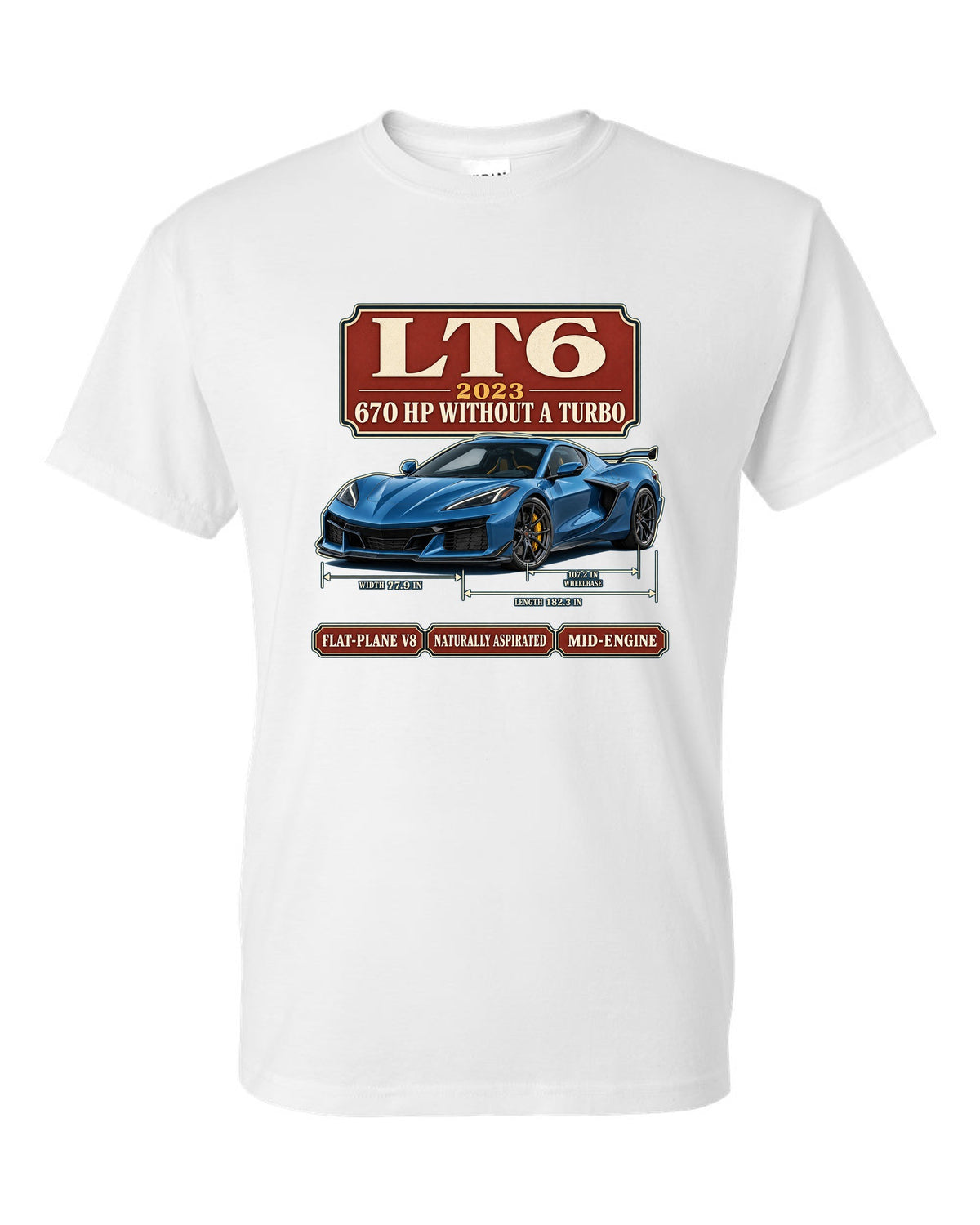 print of a Chevrolet Corvette C8 Z06 in an archive panel layout with LT6 and 670 HP text white t-shirt front view with the design