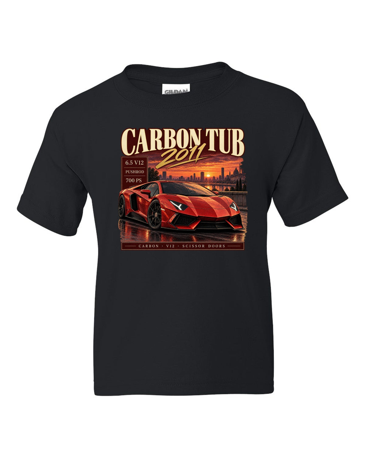 Archive panel print of a Lamborghini Aventador LP700-4 with Carbon Tub and 6.5 V12 text black kids tee front view with the design