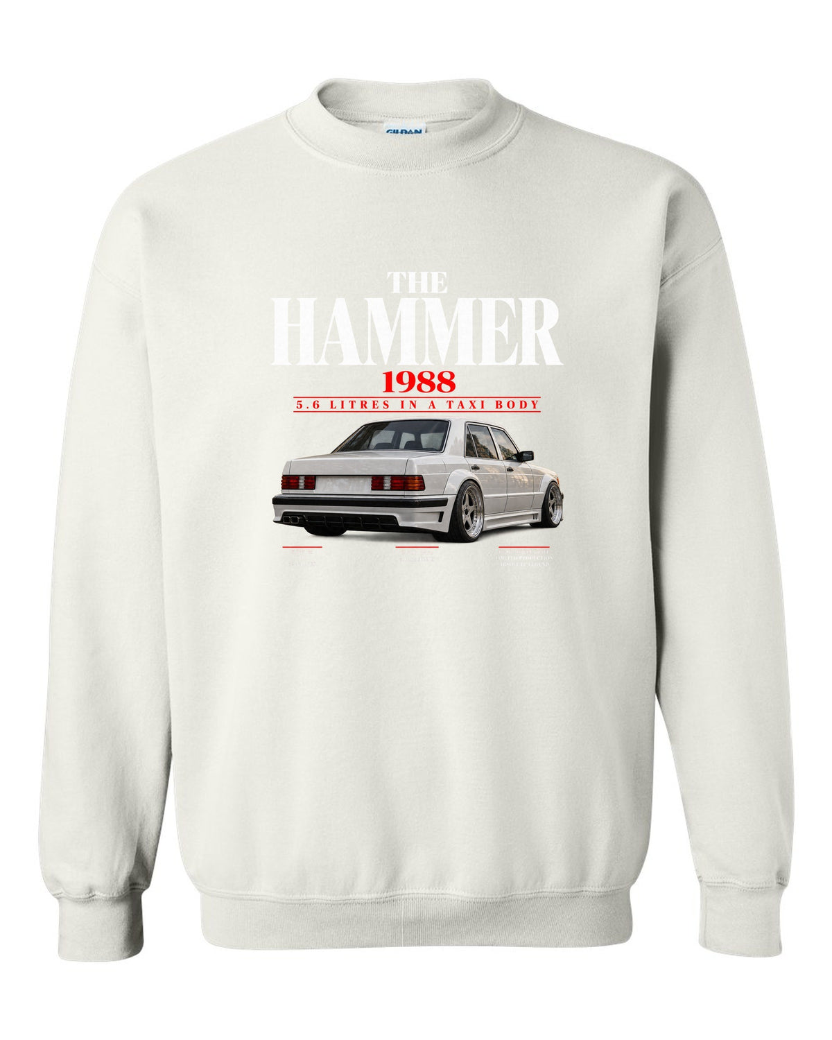 Mercedes 300E 5.6 AMG Hammer W124 editorial print with 1988 headline white crewneck front view with the design